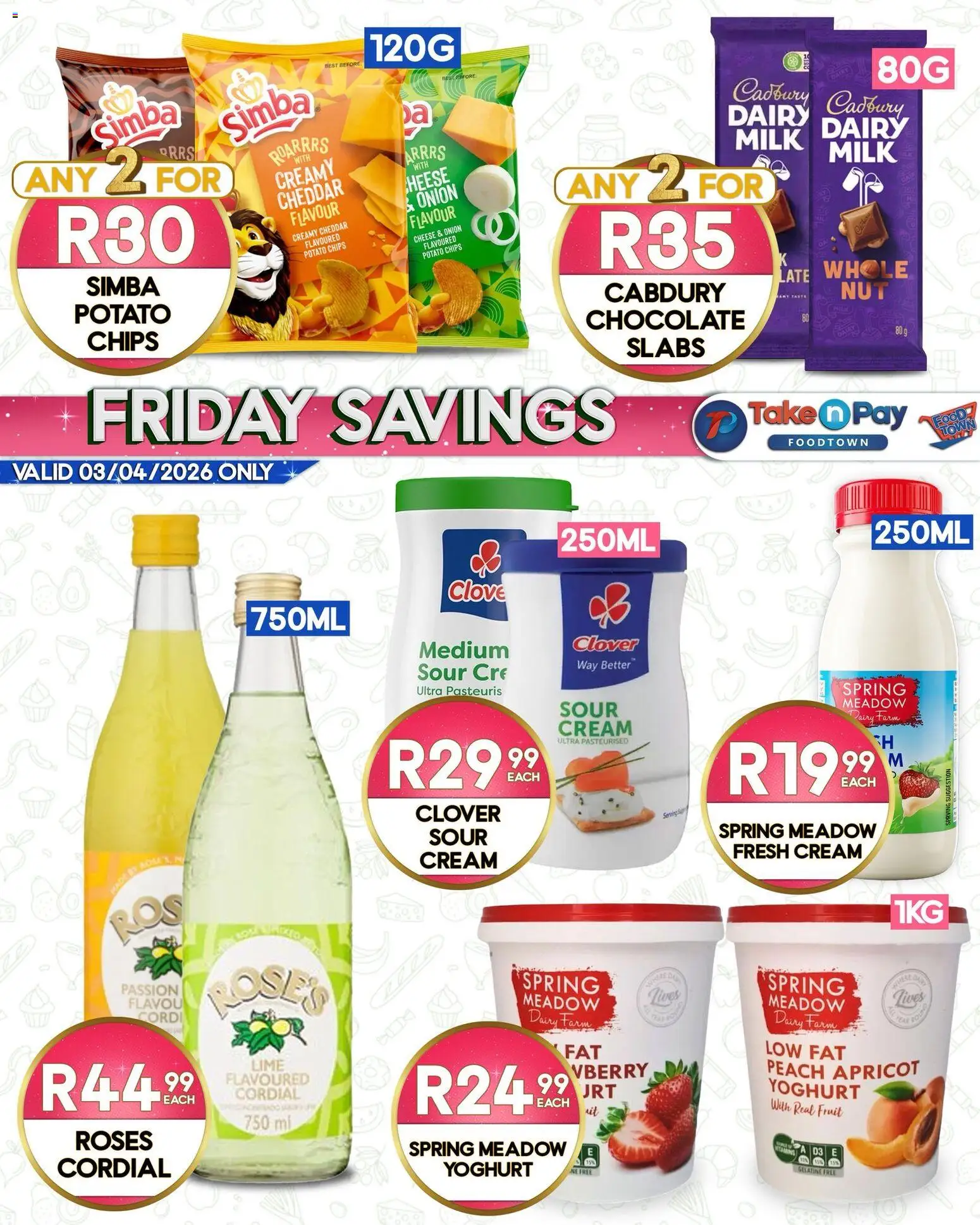 New Take n Pay catalogue – valid from 03.04.2026 | Page: 3 | Products: Milk, Chocolate, Peach, Lime
