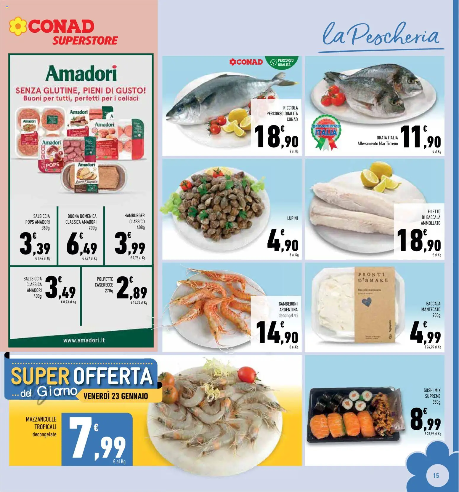 Volantino Conad del 14.01.2026 | Pagina: 15 | Prodotti: Lupini, Mazzancolle, Gamberoni, Hamburger