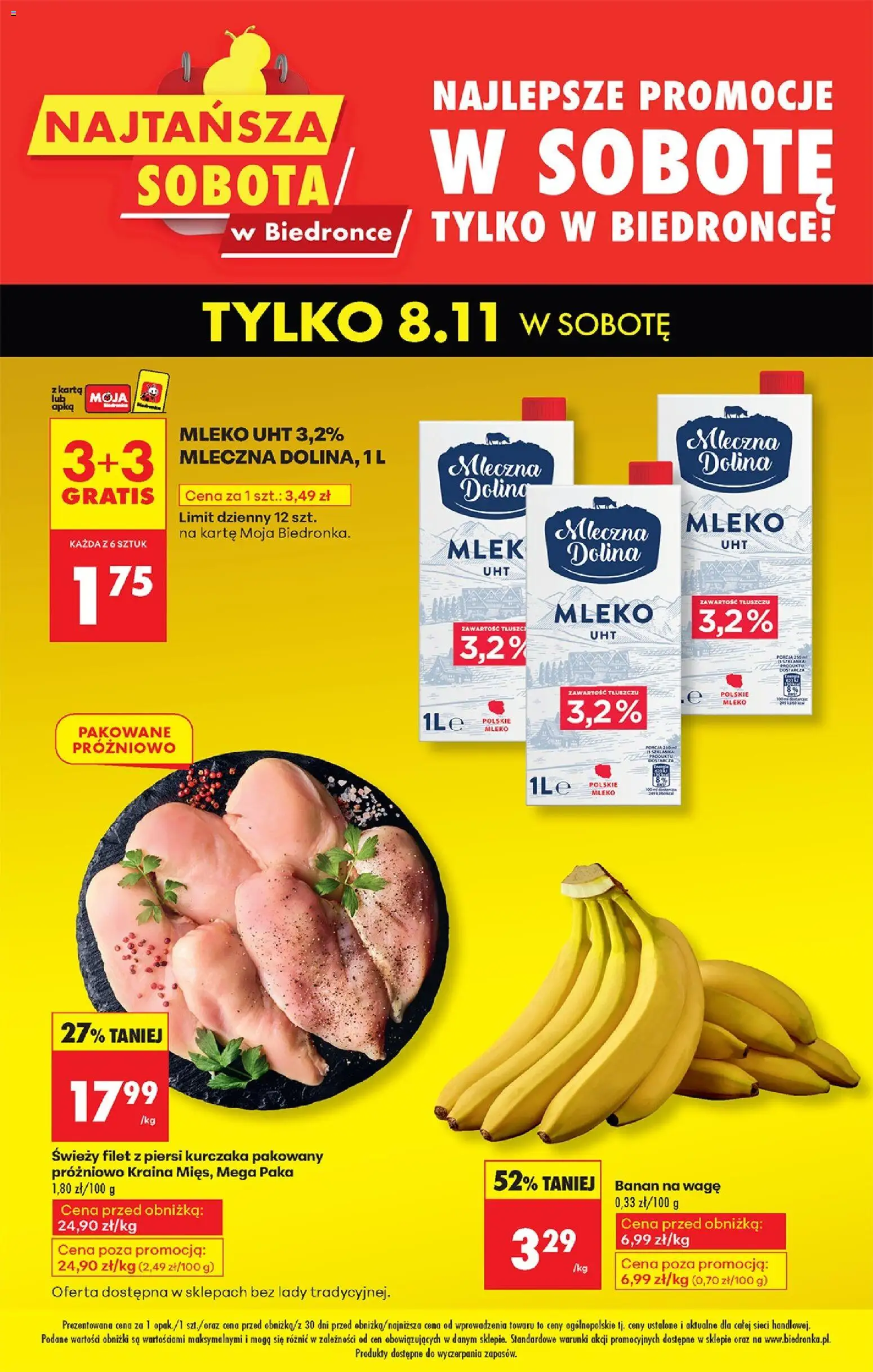 Biedronka gazetka - Najtańsza sobota od 08.11.2025 | Strona: 1 | Produkty: Karta, Kraina mięs, Mleko, Banan