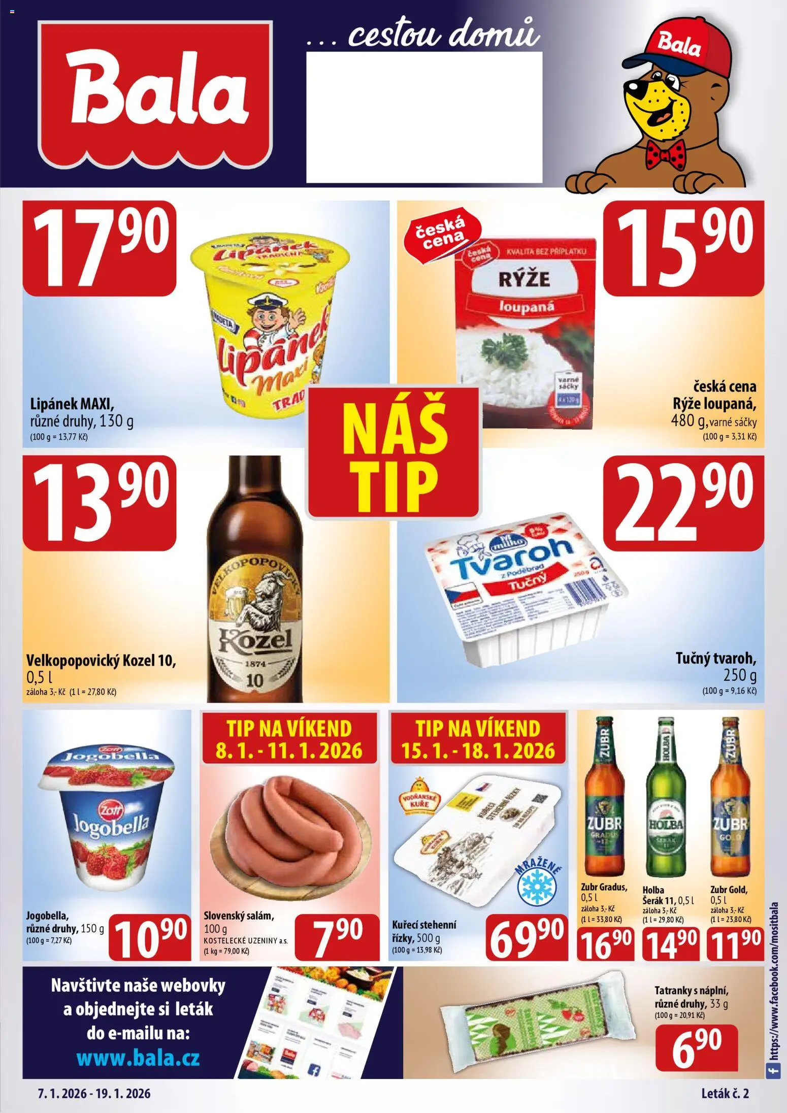 BALA velký leták Holba + od 07.01.2026 | Strana: 1 | Produkty: Tvaroh, Velkopopovický Kozel, Uzeniny, Kuře
