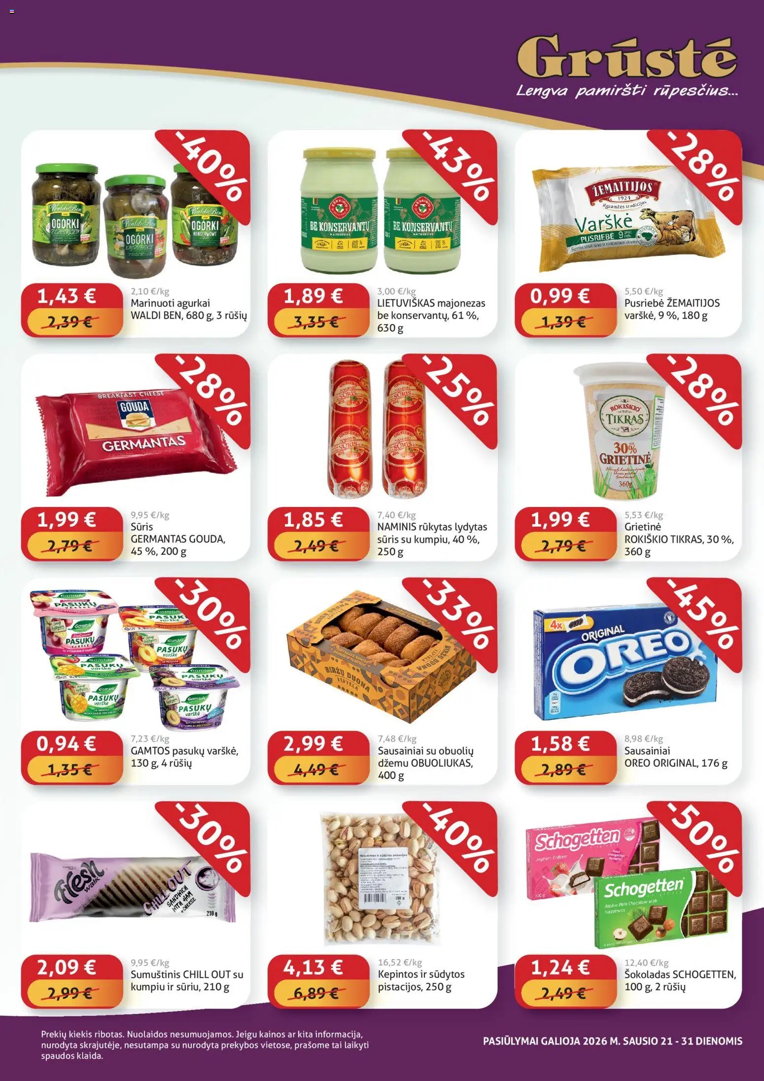 GRUSTE akcijos nuo 21.01.2026 | Puslapis: 3 | Prekių: Sausainiai, Agurkai, Šokoladas, Grietinė