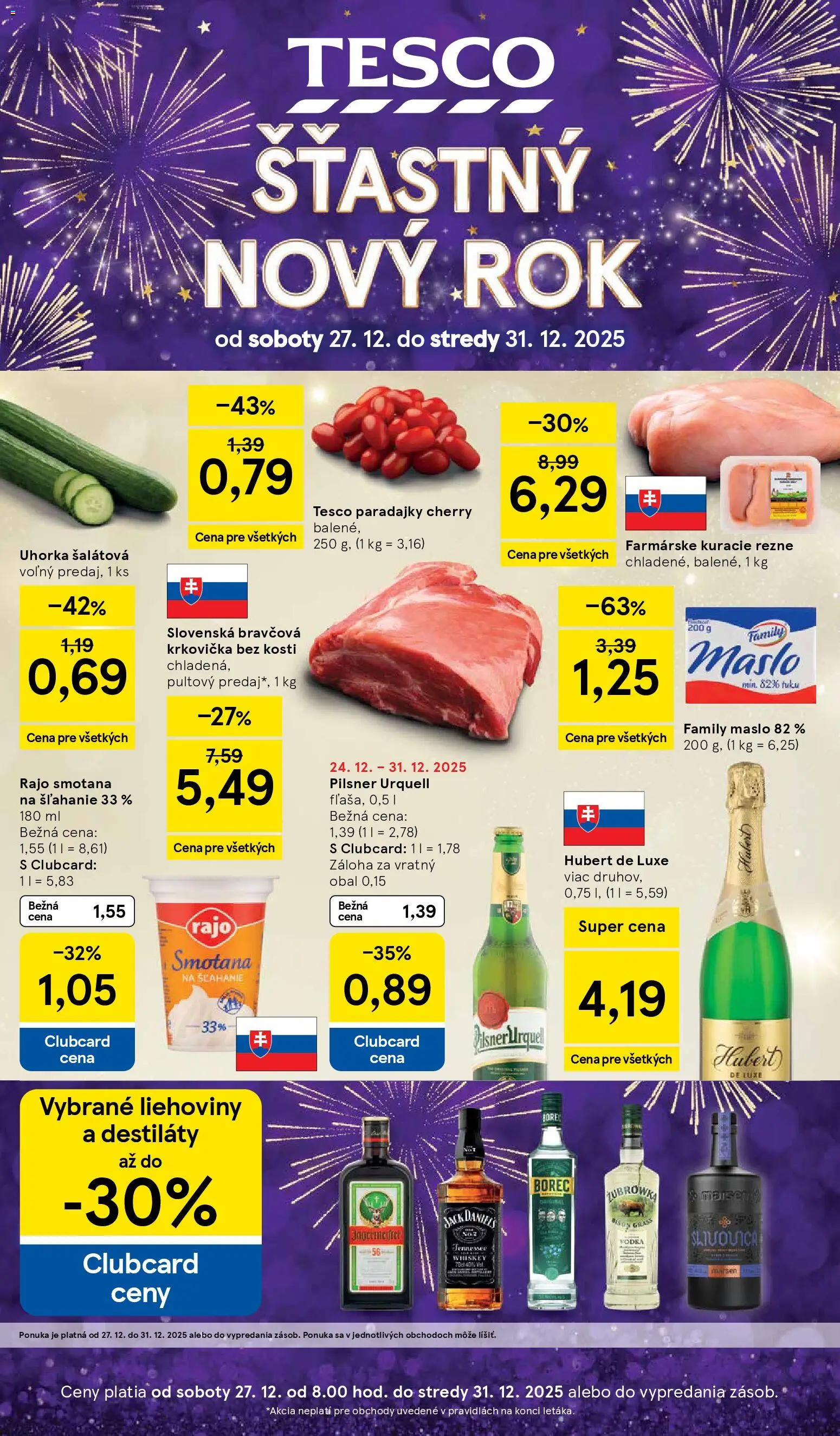 Nové Tesco akcie – leták je platný od 27.12.2025 | Strana: 1 | Produkty: Pilsner Urquell, Slivovica, Vodka, Smotana na šľahanie
