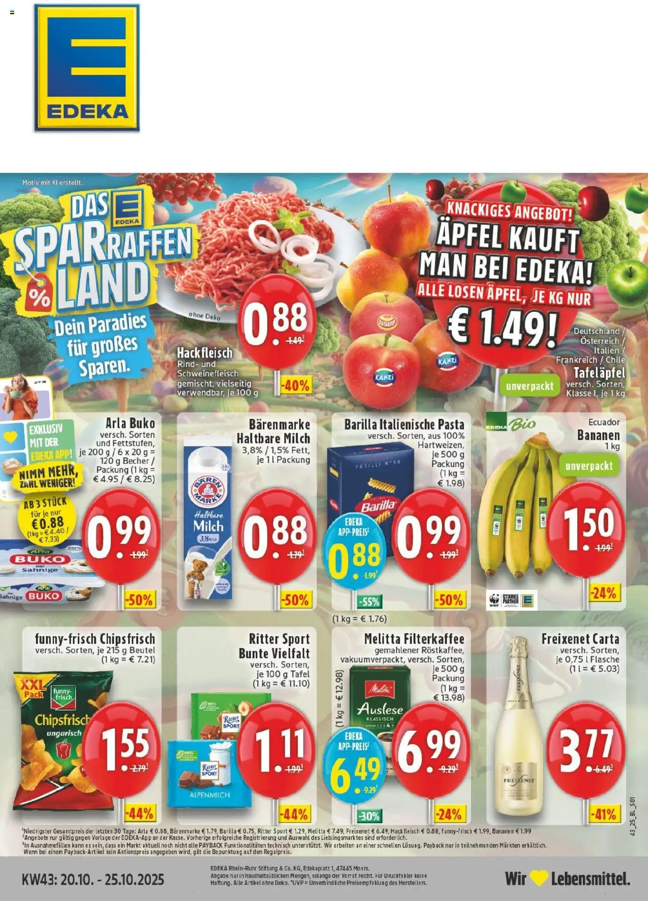 Edeka prospekt Lindlar	 – gültig ab 19.10.2025 | Seite: 1 | Produkte: Milch, Bananen, Arla buko, Schweinefleisch