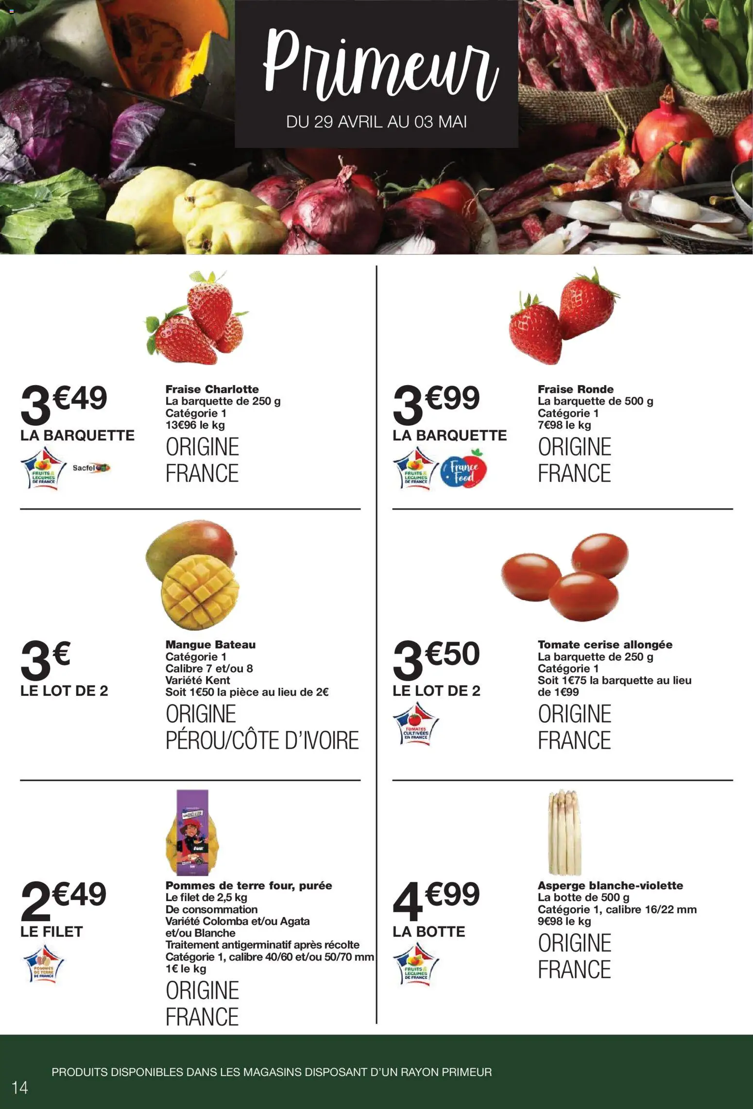{H1} | Page: 14 | Produits: Mangue, Asperge, Tomate cerise, Pommes de terre