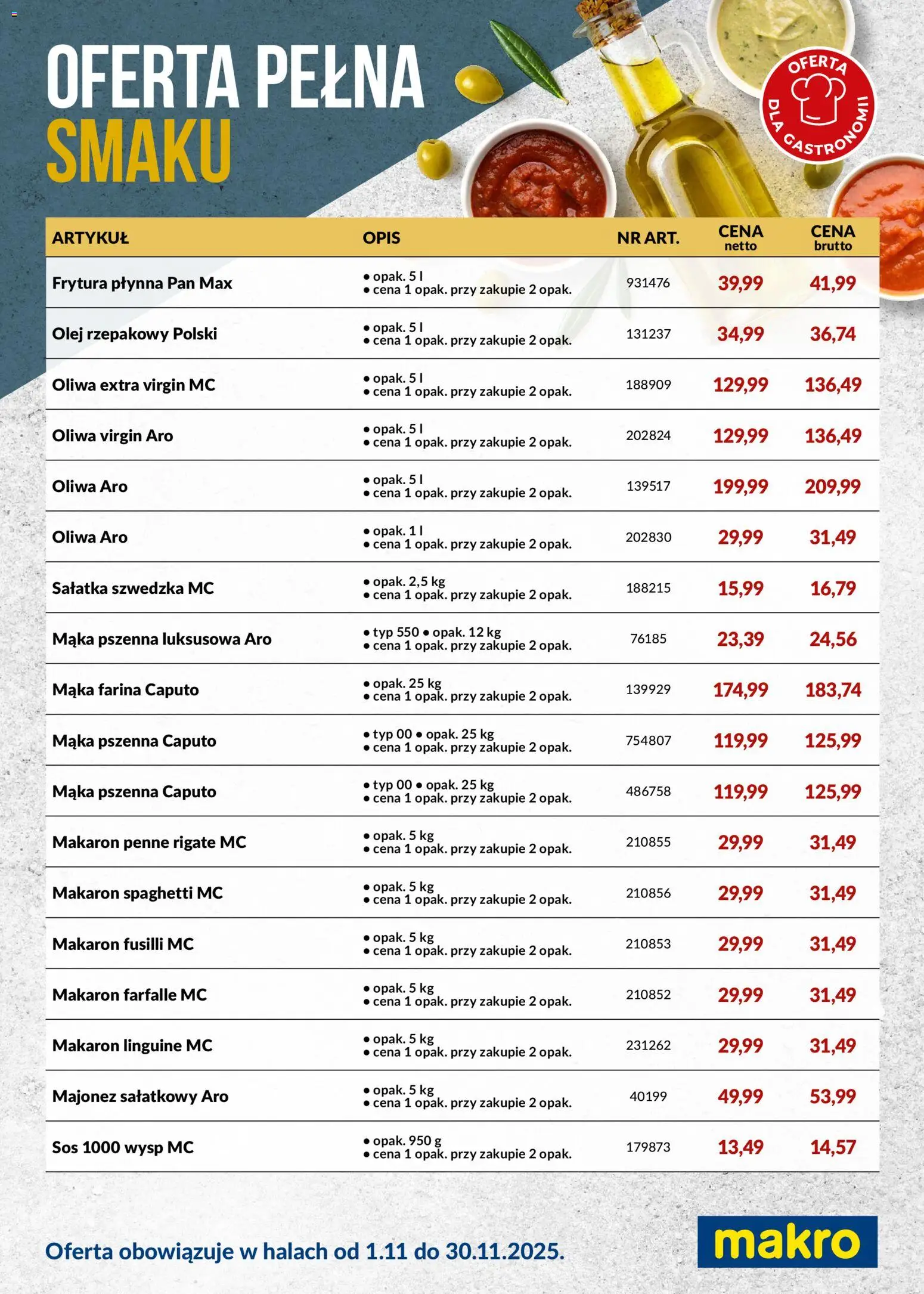 Makro Gazetka - Oferta pełna smaku w dostawie od 01.11.2025 | Strona: 1 | Produkty: Sałatka szwedzka, Penne, Olej, Sos