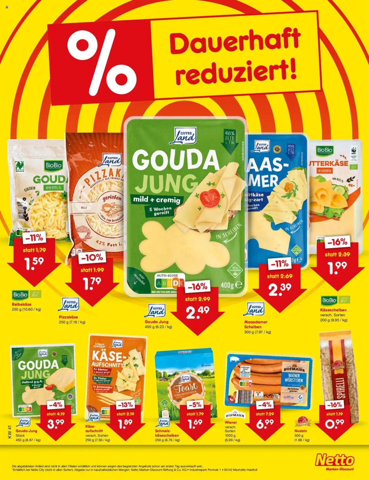 Netto Marken-Discount Preissenkung auf Dauer – gültig ab 13.10.2025 | Seite: 1 | Produkte: Käse, Toast, Gouda, Nudeln
