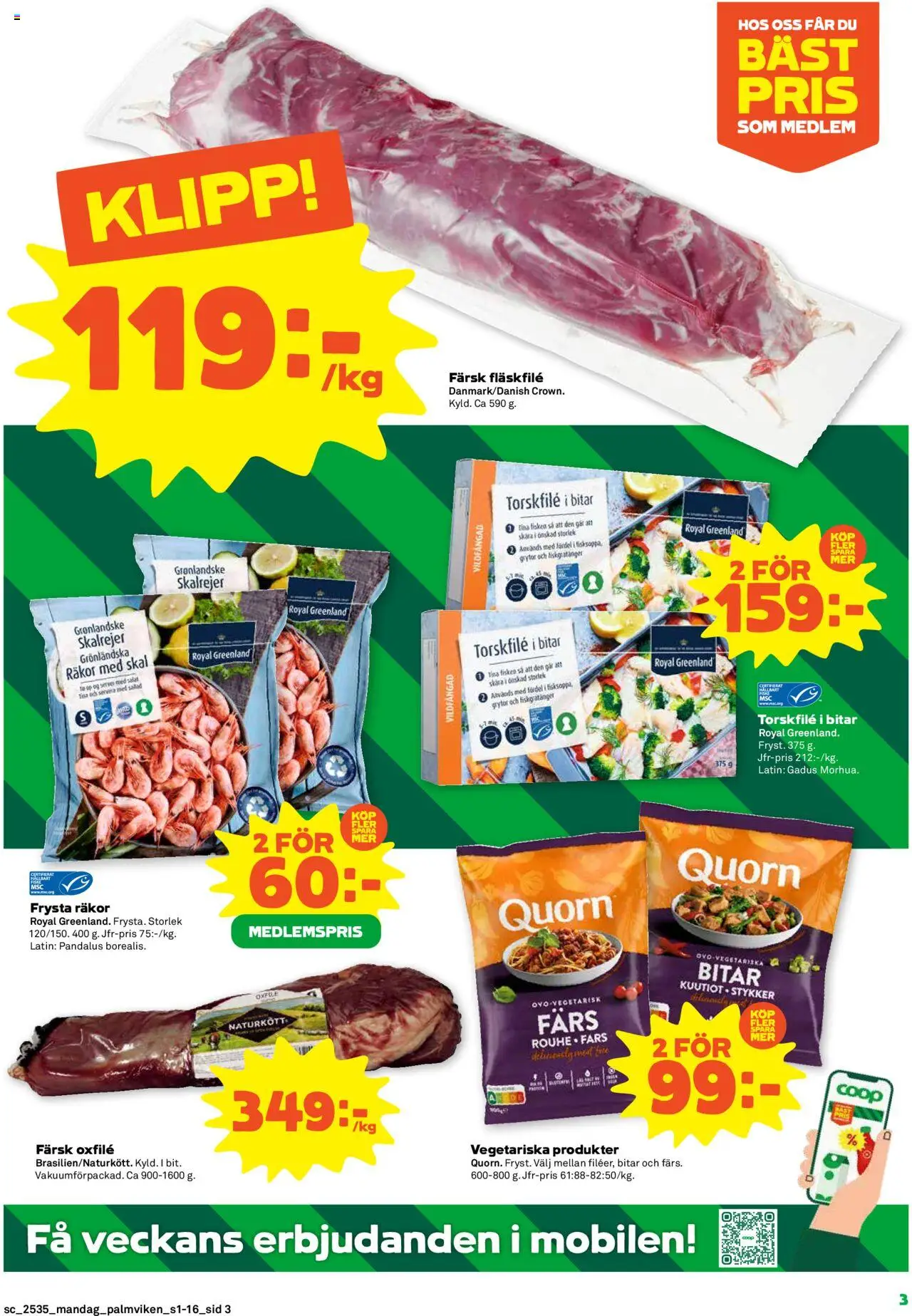 Stora Coop reklamblad aktuell från 25.08.2025 | Sida: 3 | Produkter: Torskfile, Räkor, Oxfilé, Fisken