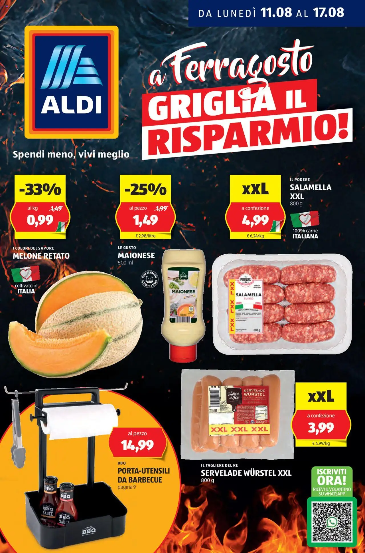 Volantino Aldi del 11.08.2025 | Pagina: 1 | Prodotti: Salamella, Maionese, Suino, Melone