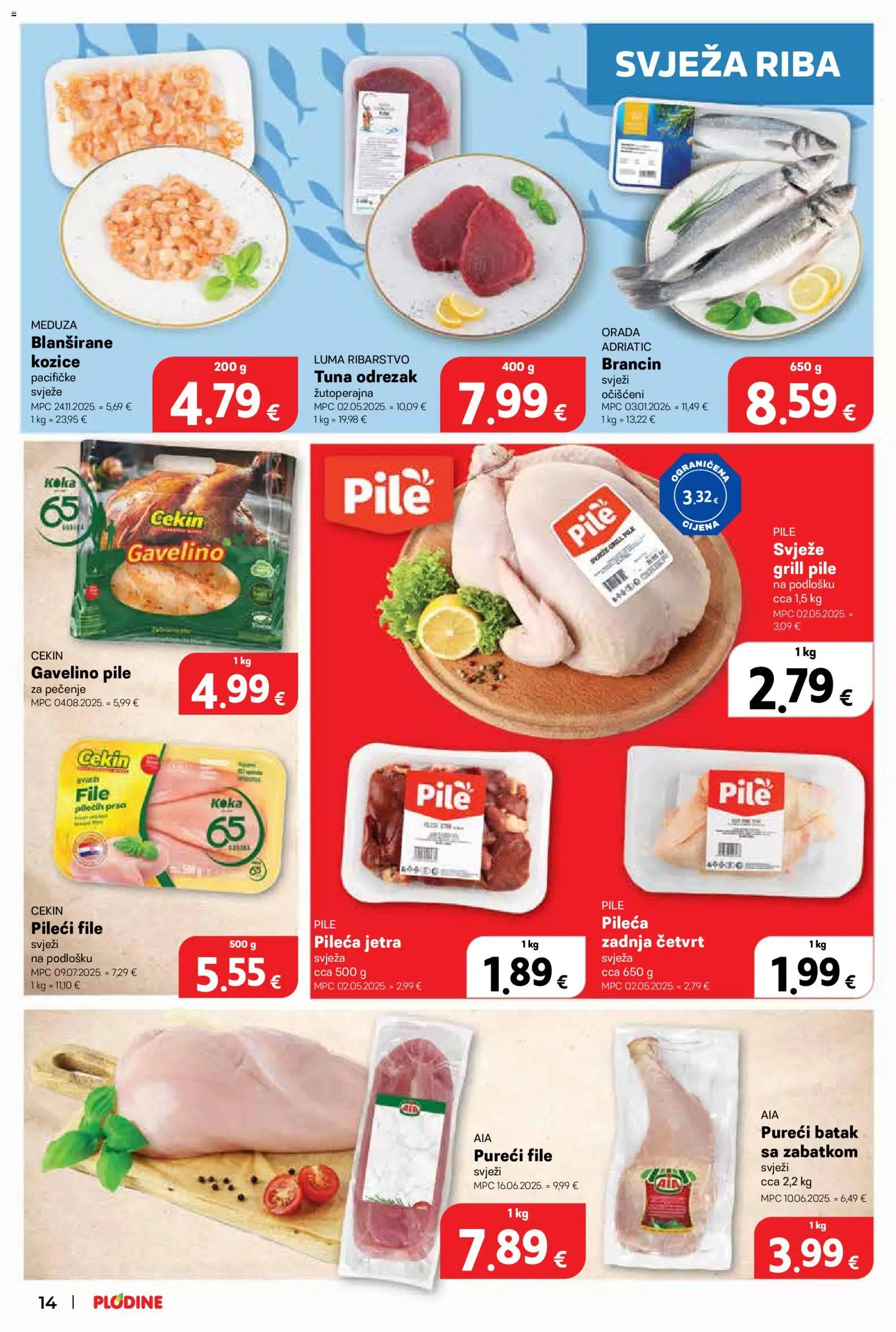Plodine katalog | vrijedi od 15.04.2026 | Stranica: 14 | Proizvodi: Pileći file, Riba, Tuna, Kozice