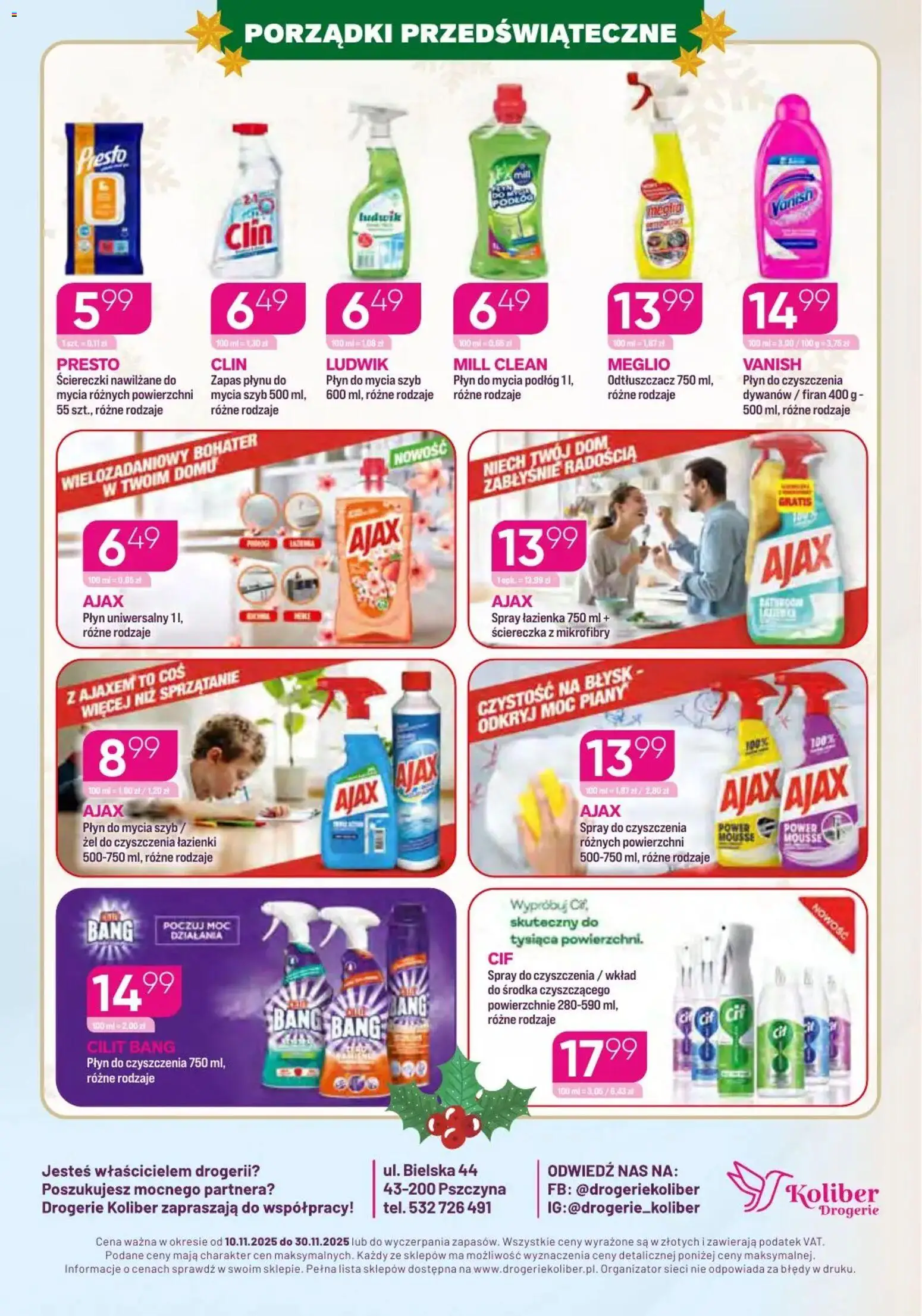 Koliber Gazetka od 10.11.2025 | Strona: 9 | Produkty: Meglio, Vanish, Płyn do mycia szyb, Płyn do mycia podłóg