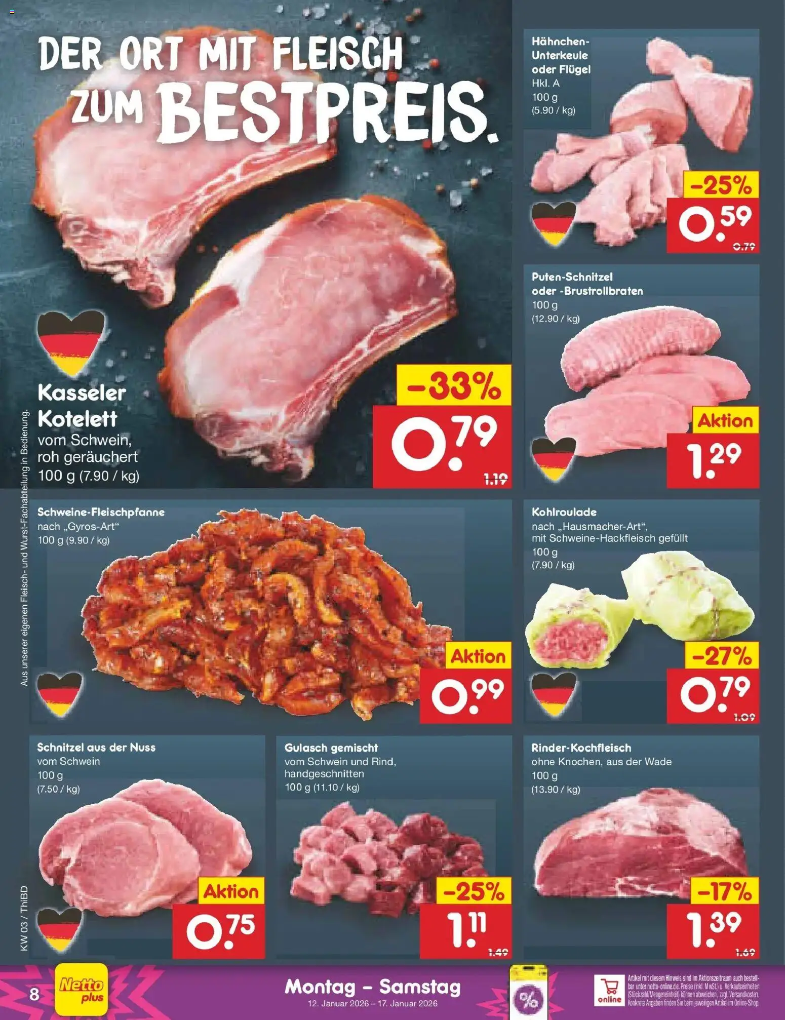 Netto Marken-Discount prospekt Thiendorf	 – gültig ab 12.01.2026 | Seite: 8 | Produkte: Hahnchen, Gulasch, Putenschnitzel, Fleisch