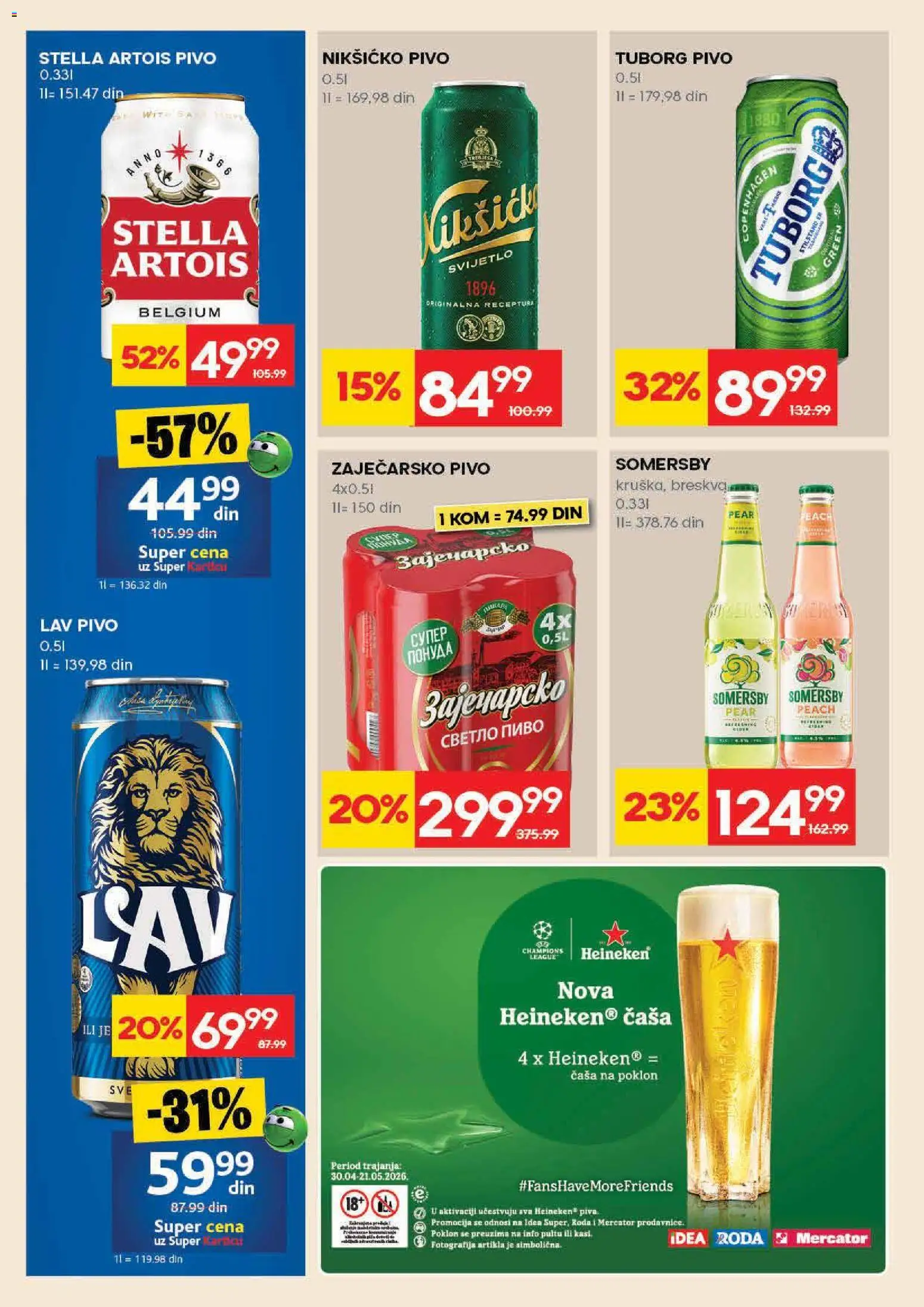 Idea katalog - važi od 30.04.2026 | Strana: 26 | Proizvode: Heineken, Tuborg, Zaječarsko pivo, Pivo