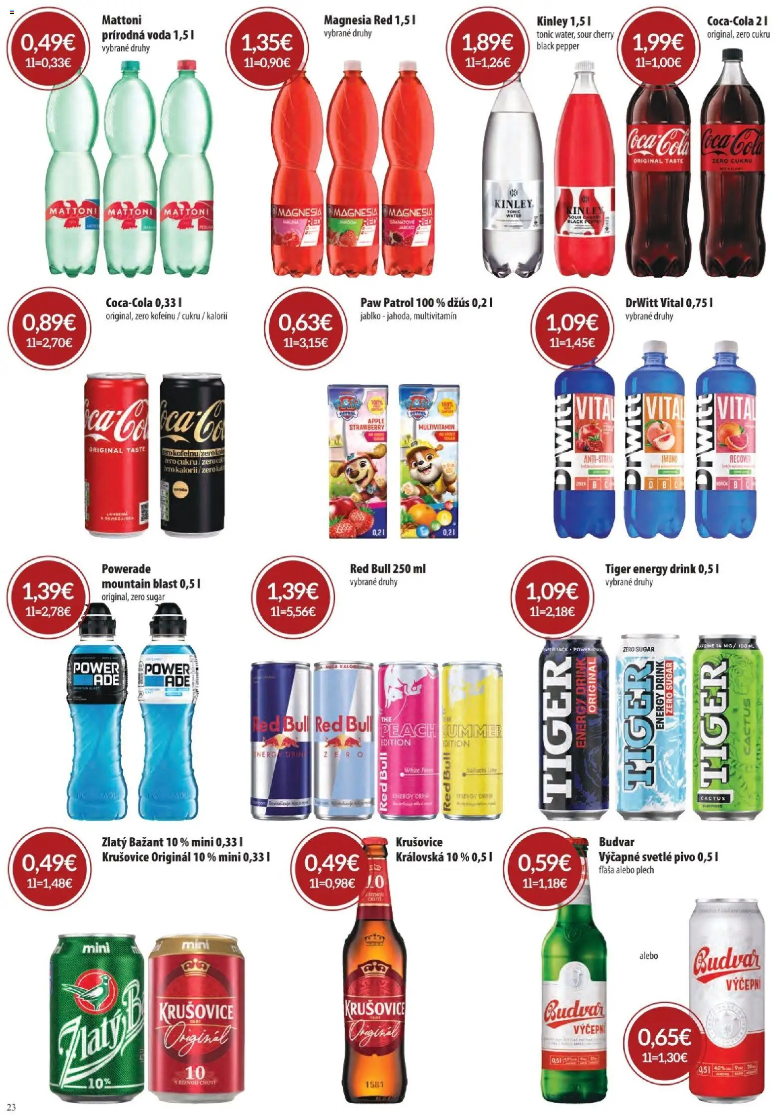 Nové CBA Komfos akcie – leták je platný od 07.05.2026 | Strana: 22 | Produkty: Džús, Red Bull, Budvar, Mattoni