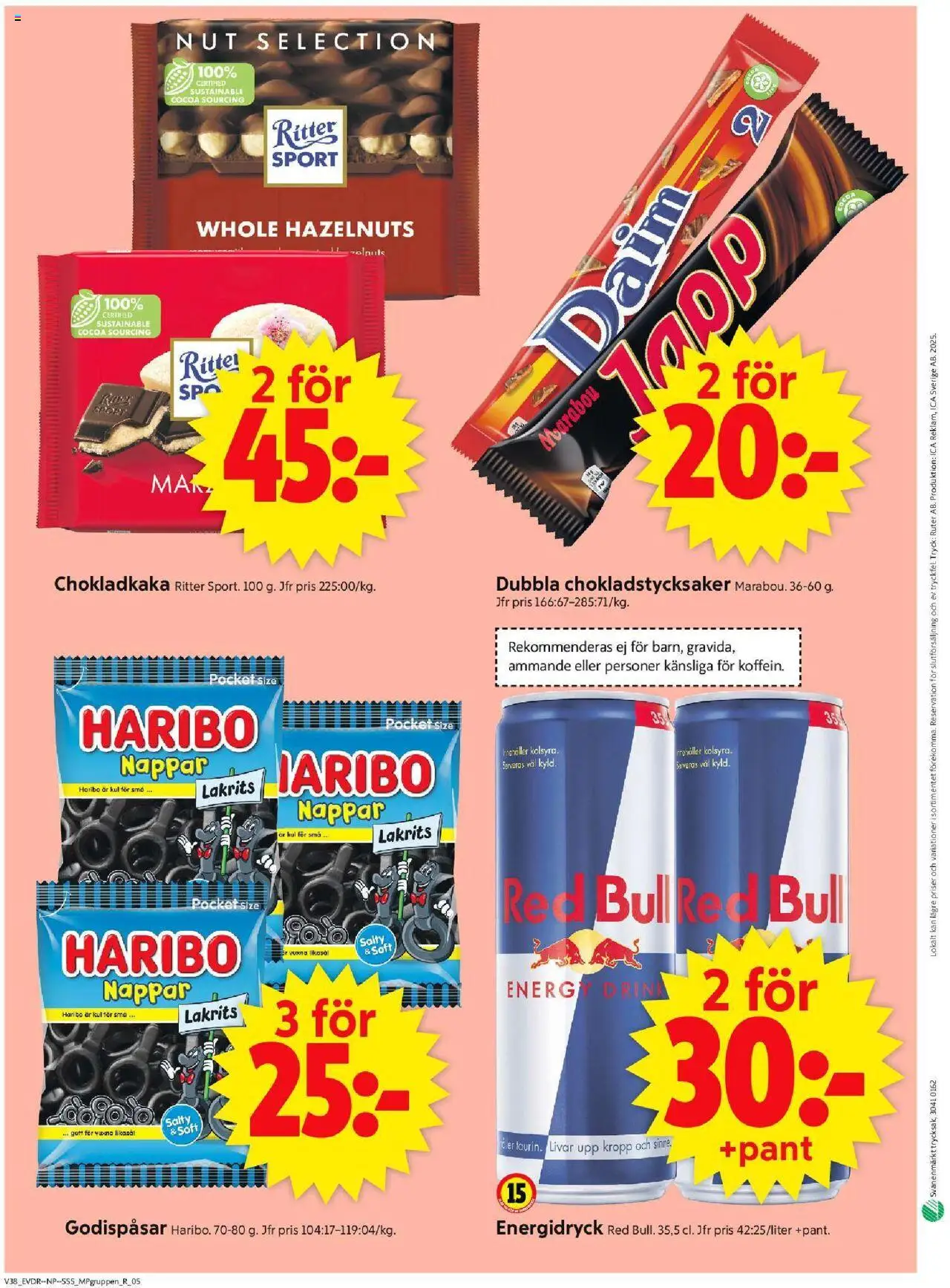ICA Supermarket reklamblad aktuell från 15.09.2025 | Sida: 14 | Produkter: Lakrits, Red bull, Chokladkaka, Energidryck
