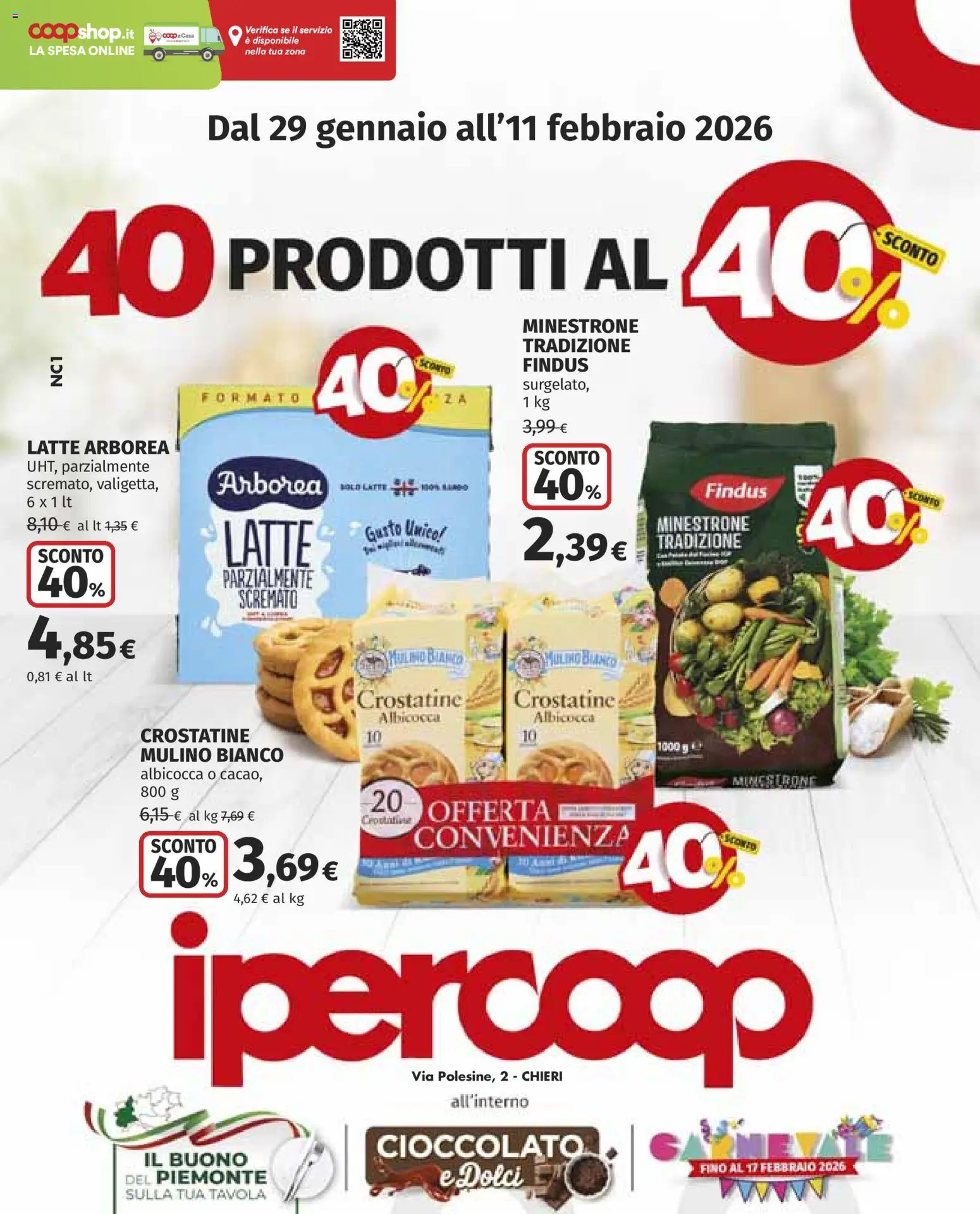 Volantino Ipercoop del 29.01.2026 | Pagina: 1 | Prodotti: Minestrone, Cioccolato, Latte, Crostatine
