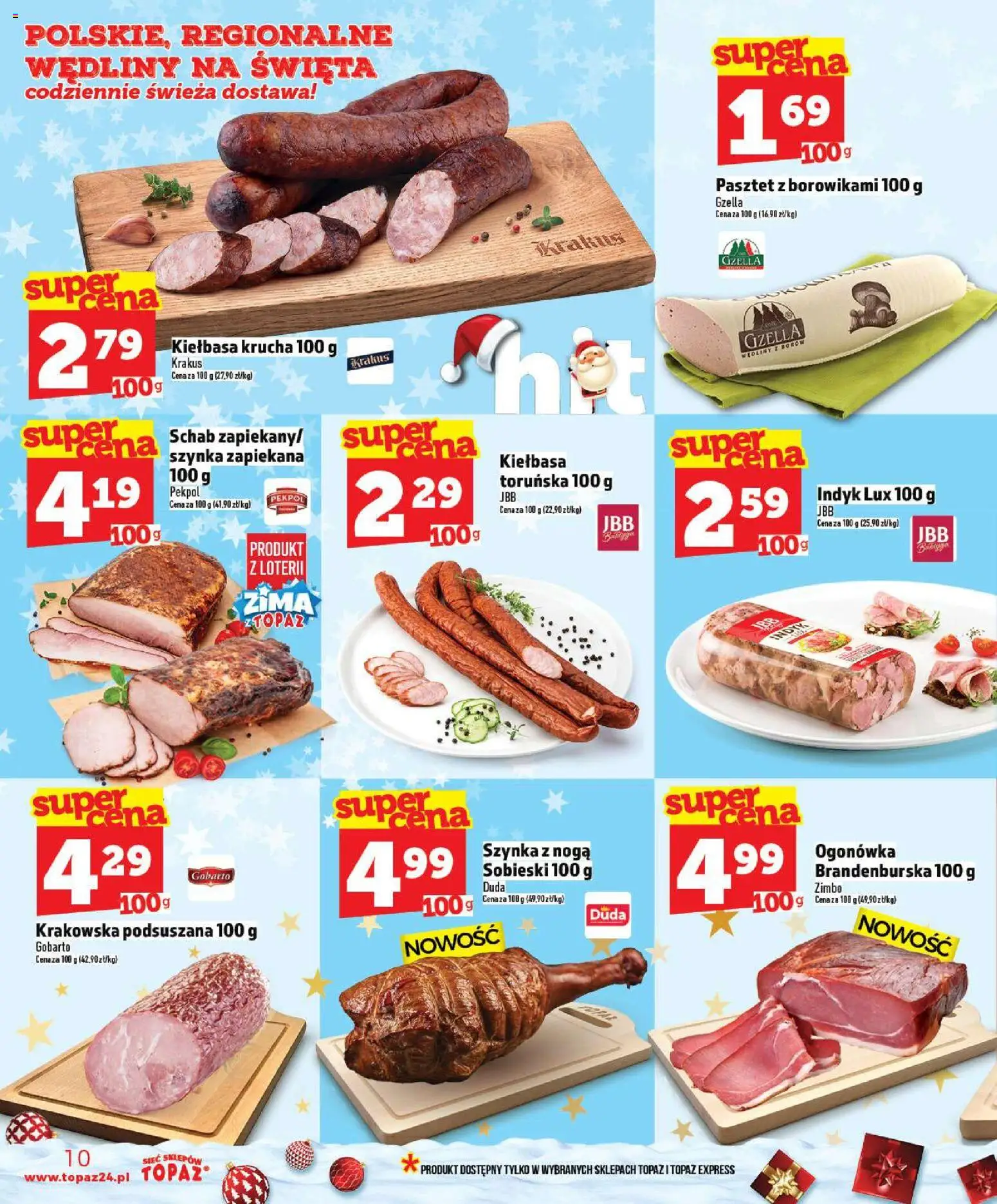 Topaz Gazetka MAZ od 18.12.2025 | Strona: 10 | Produkty: Kiełbasa, Schab, Szynka, Wędliny
