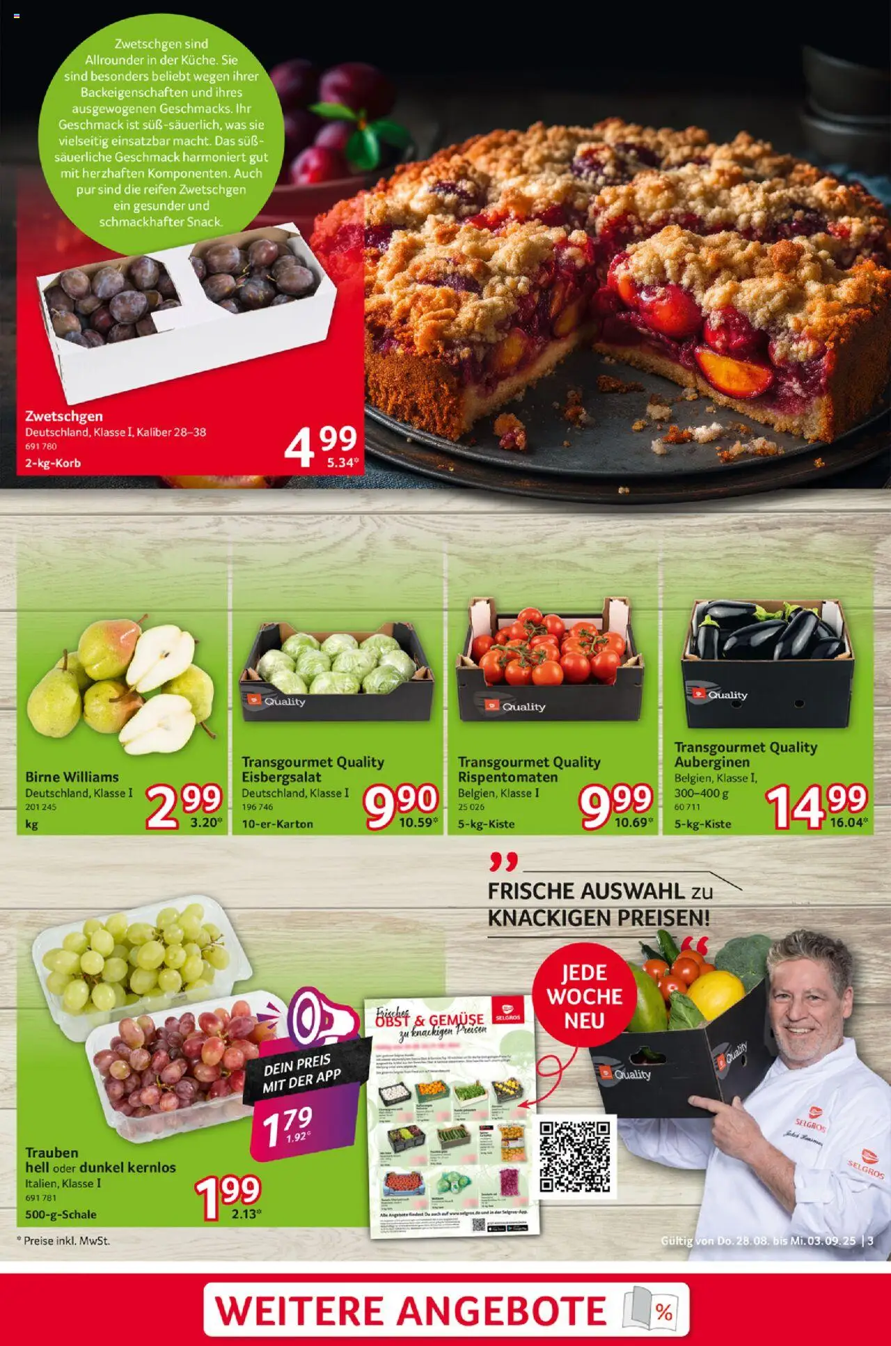 Selgros Prospekt 	 - gültig ab dem 28.08.2025 | Seite: 3 | Produkte: Trauben, Zwetschgen, Eisbergsalat, Gemüse