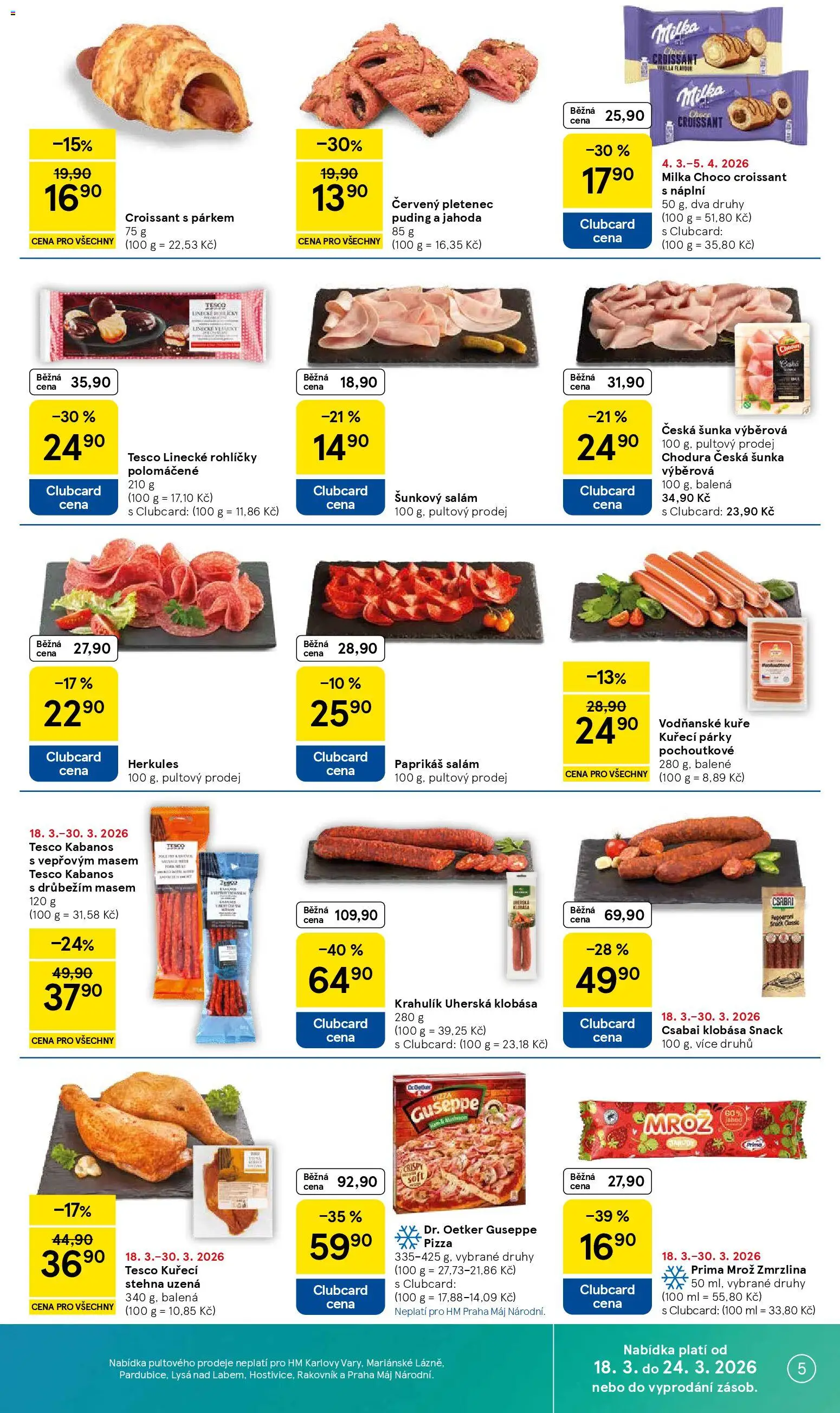 Tesco leták - Hypermarket od 18.03.2026 | Strana: 5 | Produkty: Milka, Zmrzlina, Puding, Kuřecí stehna uzená