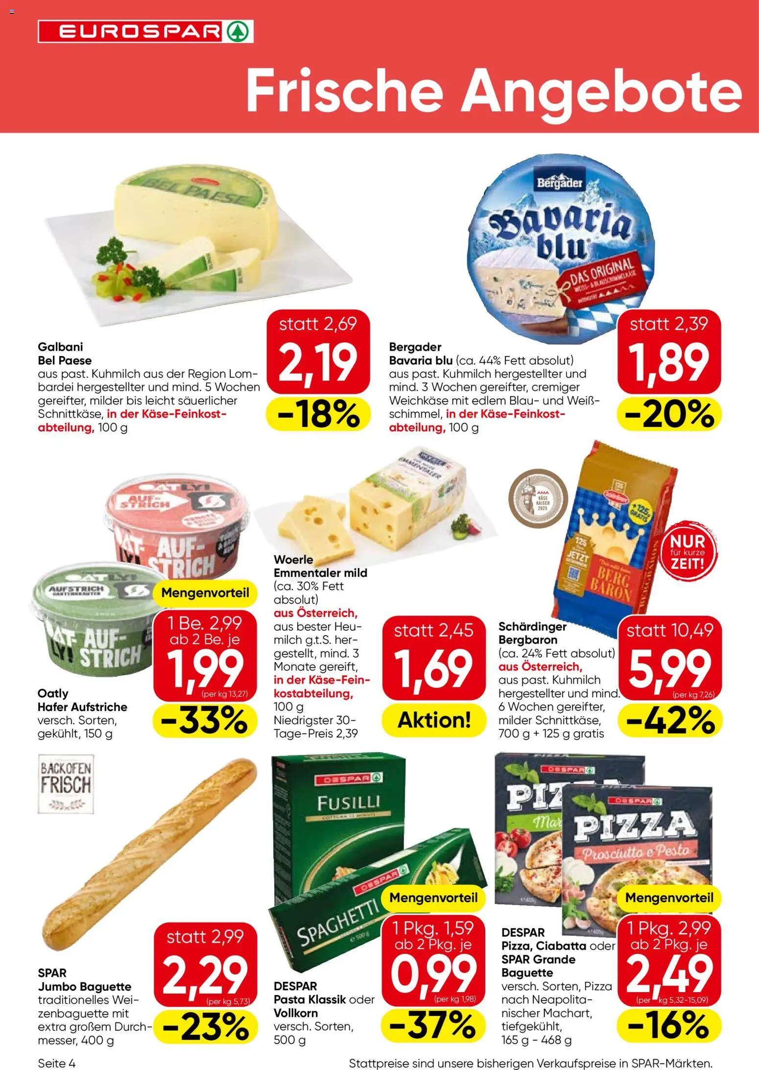 Eurospar Flugblatt - Vorarlberg gültig ab 23.10.2025 | Seite: 4 | Produkte: Pasta, Jääkaappipakastin, Milch, Pizza