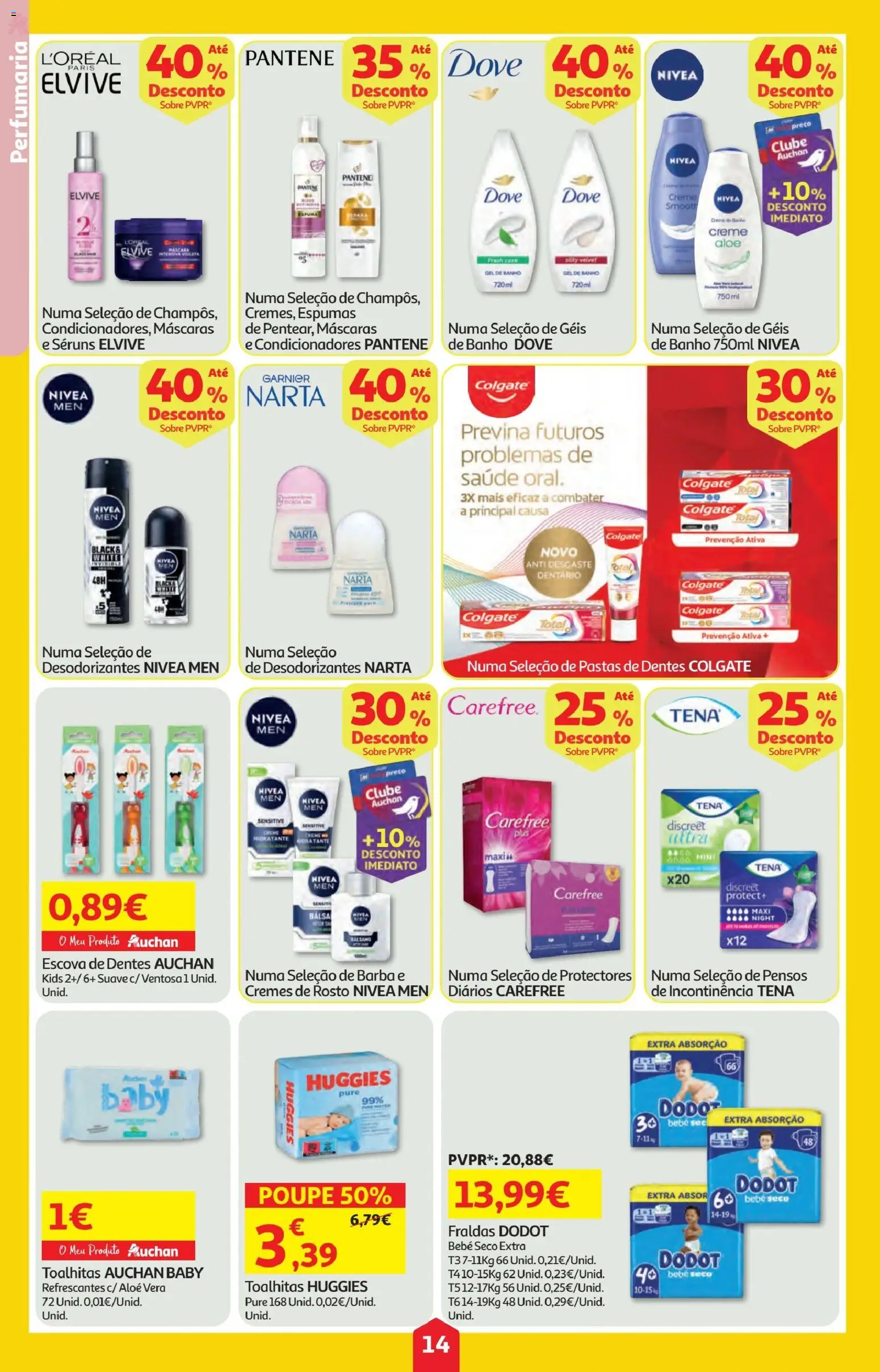 Minipreço folheto │ válido de 19.03.2026 | Página: 14 | Produtos: Fraldas dodot, Gel de banho, Escova de dentes, Creme