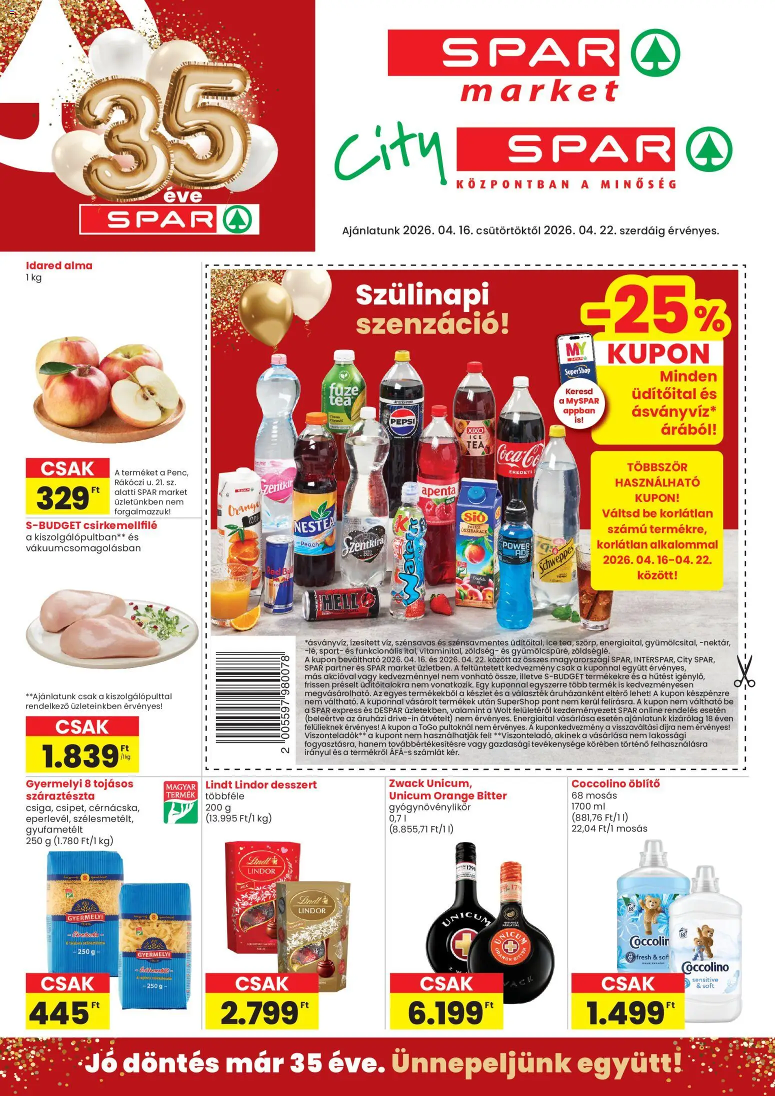 Spar Market akciós ujság - amely érvényes a következő dátumtól: 16.04.2026 | Oldal: 1 | Termékek: Coccolino, Energiaital, Pepsi, Zöldség