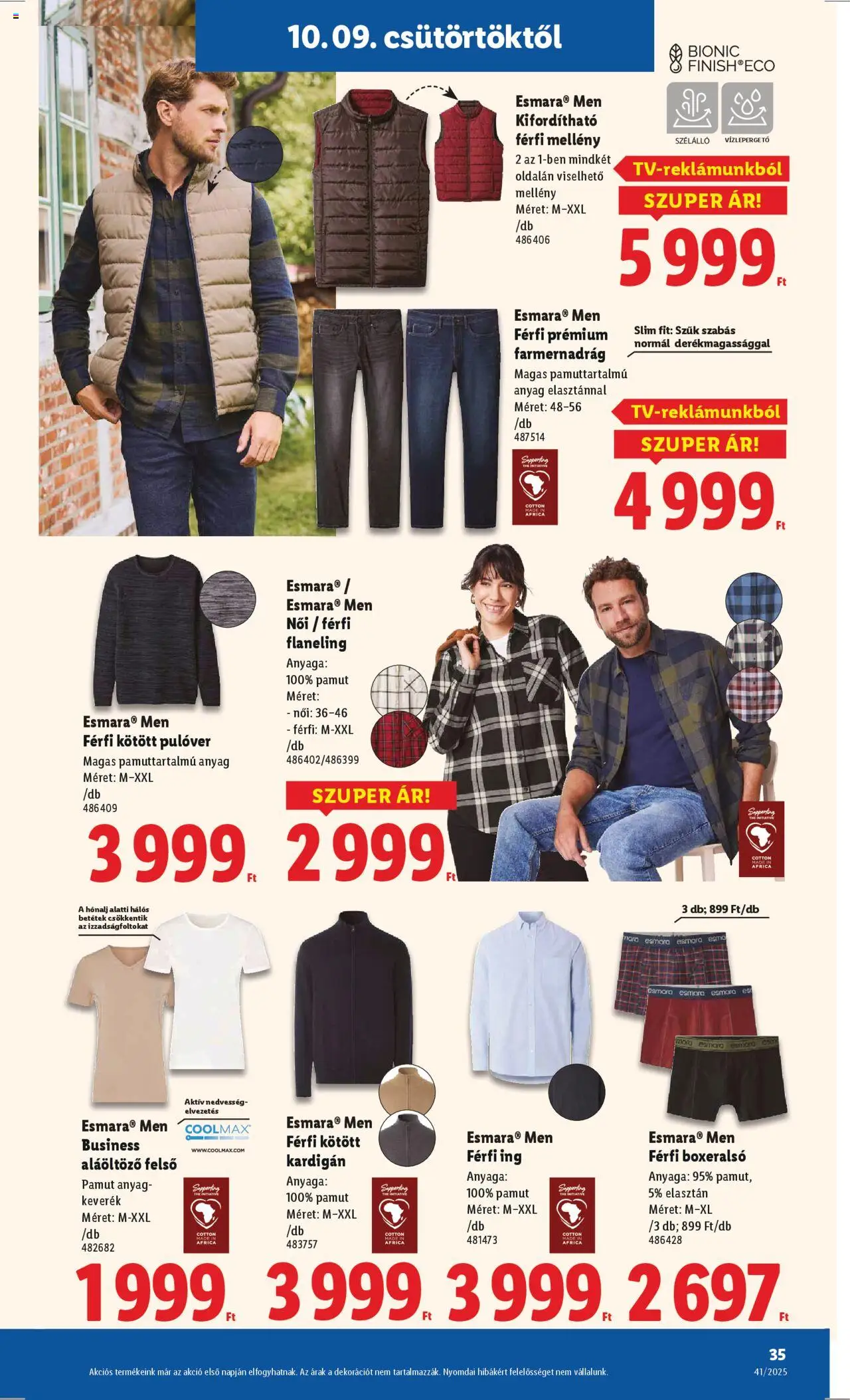 Lidl akciós ujság - amely érvényes a következő dátumtól: 09.10.2025 | Oldal: 35 | Termékek: Farmernadrág, Boxeralsó, Ing, Pulóver