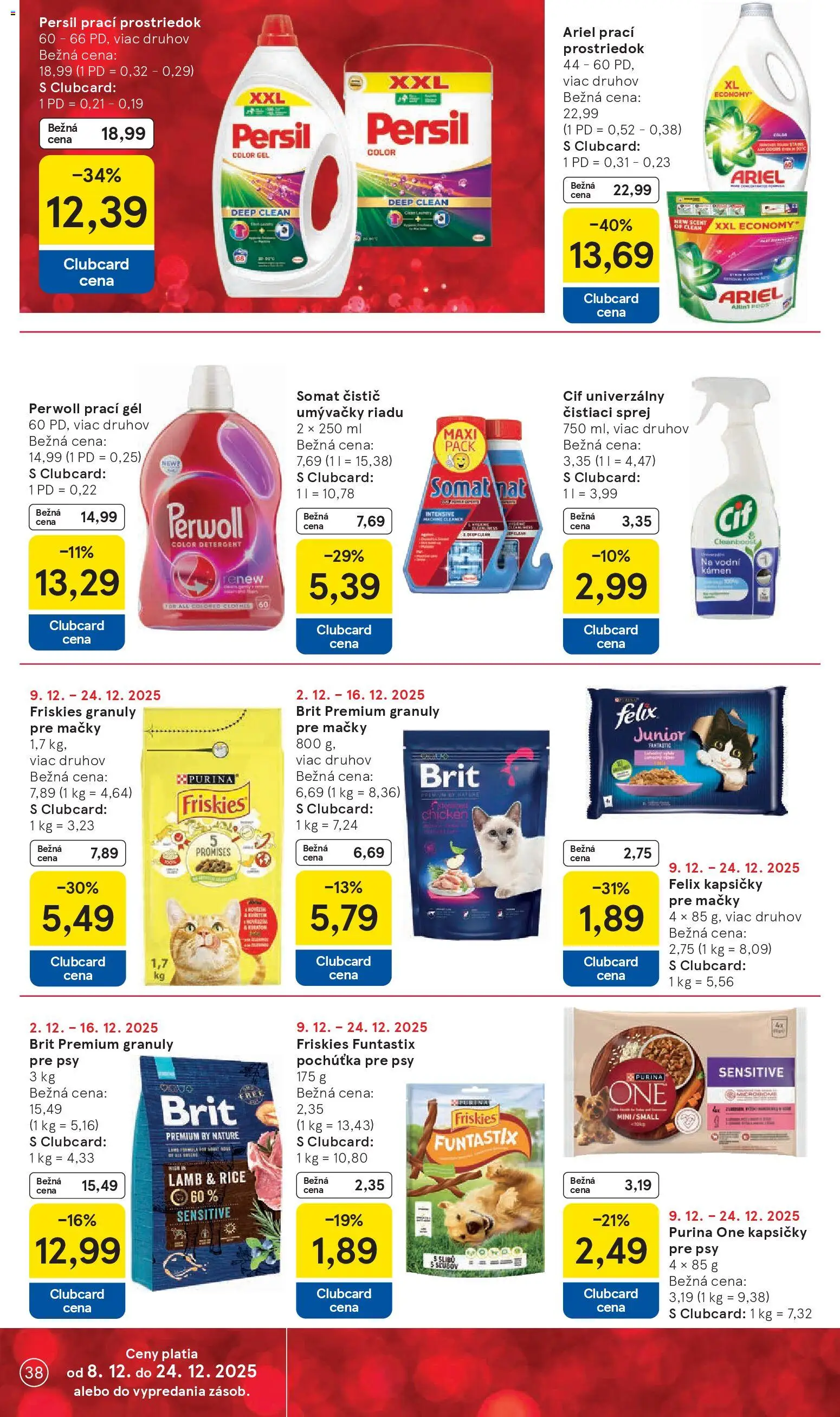 Nové Tesco akcie – leták je platný od 08.12.2025 | Strana: 38 | Produkty: Felix, Friskies, Čistič umývačky riadu, Ariel