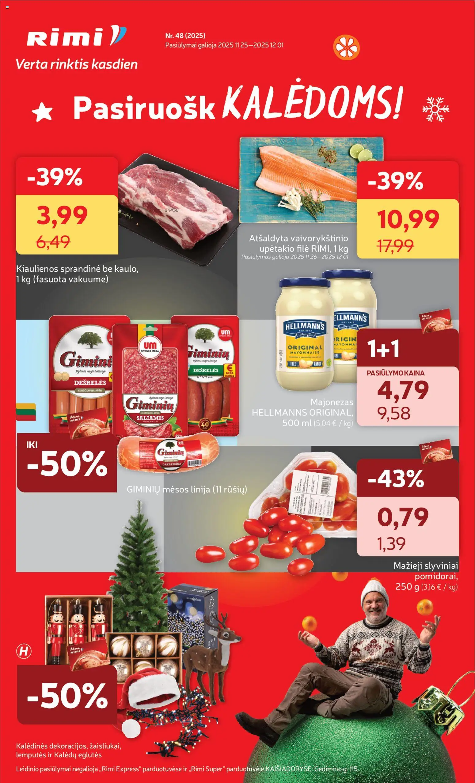 Rimi akcijos nuo 25.11.2025 | Puslapis: 1 | Prekių: Kiaulienos, Dešrelės, Majonezas, Saliamis