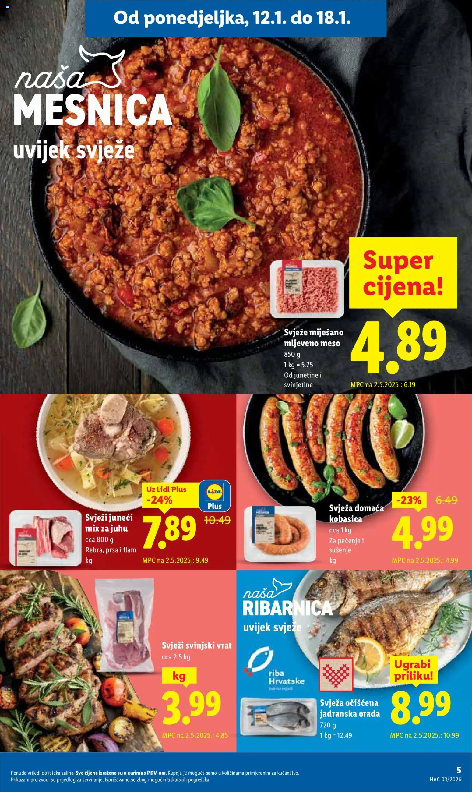 Lidl katalog | vrijedi od 12.01.2026 | Stranica: 5 | Proizvodi: Svinjski vrat, Meso, Mljeveno meso, Kobasica