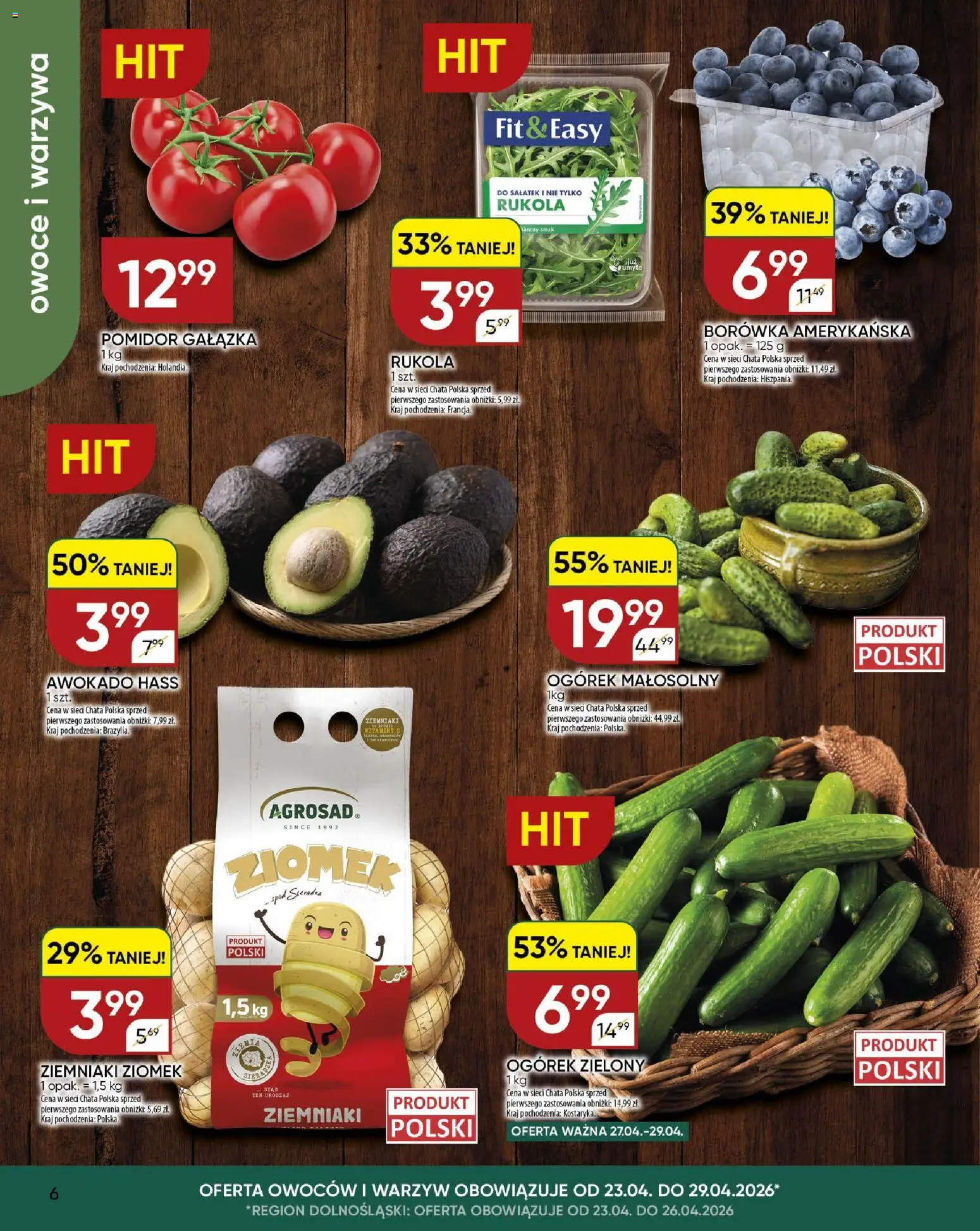 Chata Polska gazetka od 23.04.2026 | Strona: 6 | Produkty: Borówka amerykańska, Rukola, Awokado, Ziemniaki
