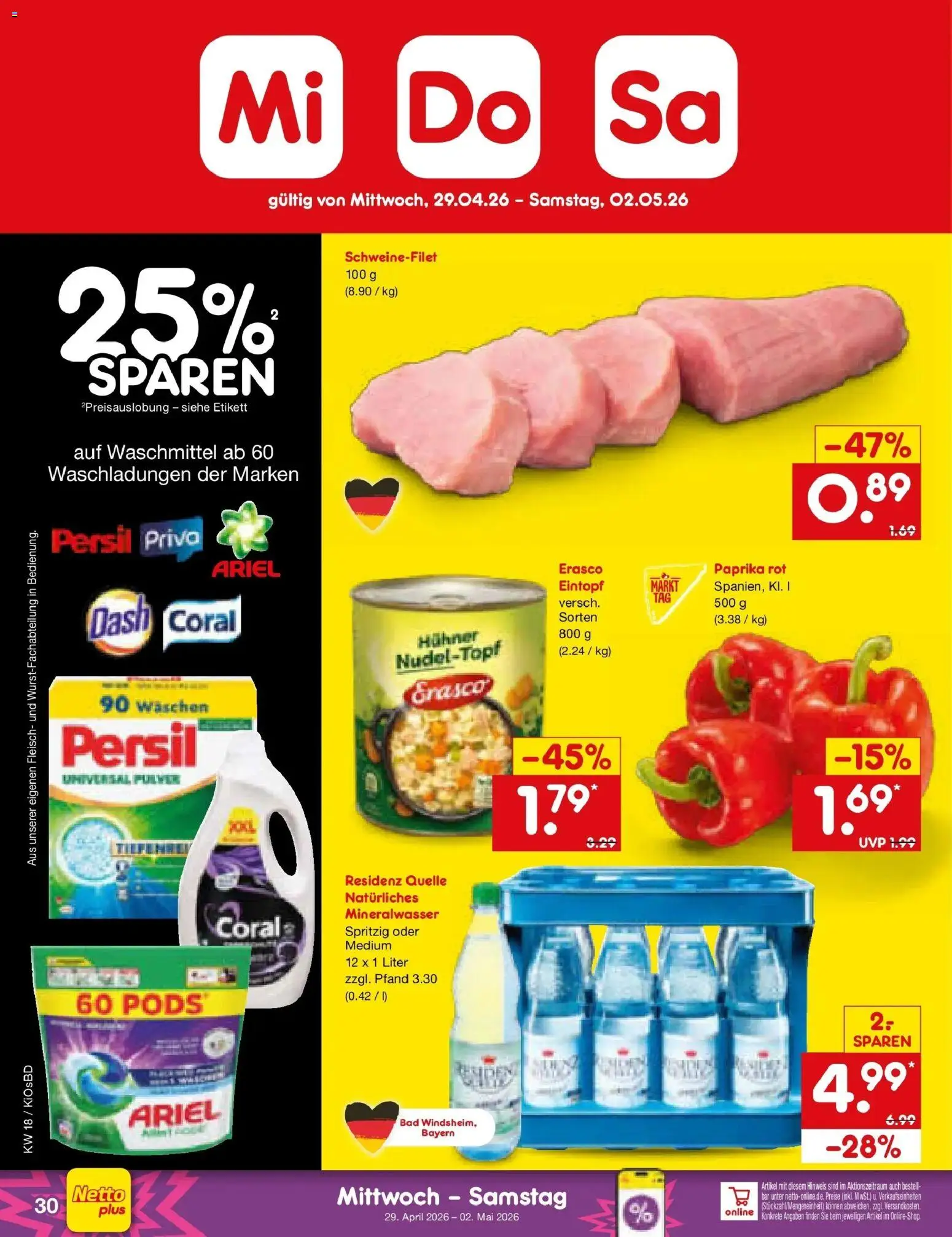 Netto Marken-Discount Prospekt Mistelbach	 – gültig ab 27.04.2026 | Seite: 46 | Produkte: Paprika rot, Mineralwasser, Waschmittel, Fleisch