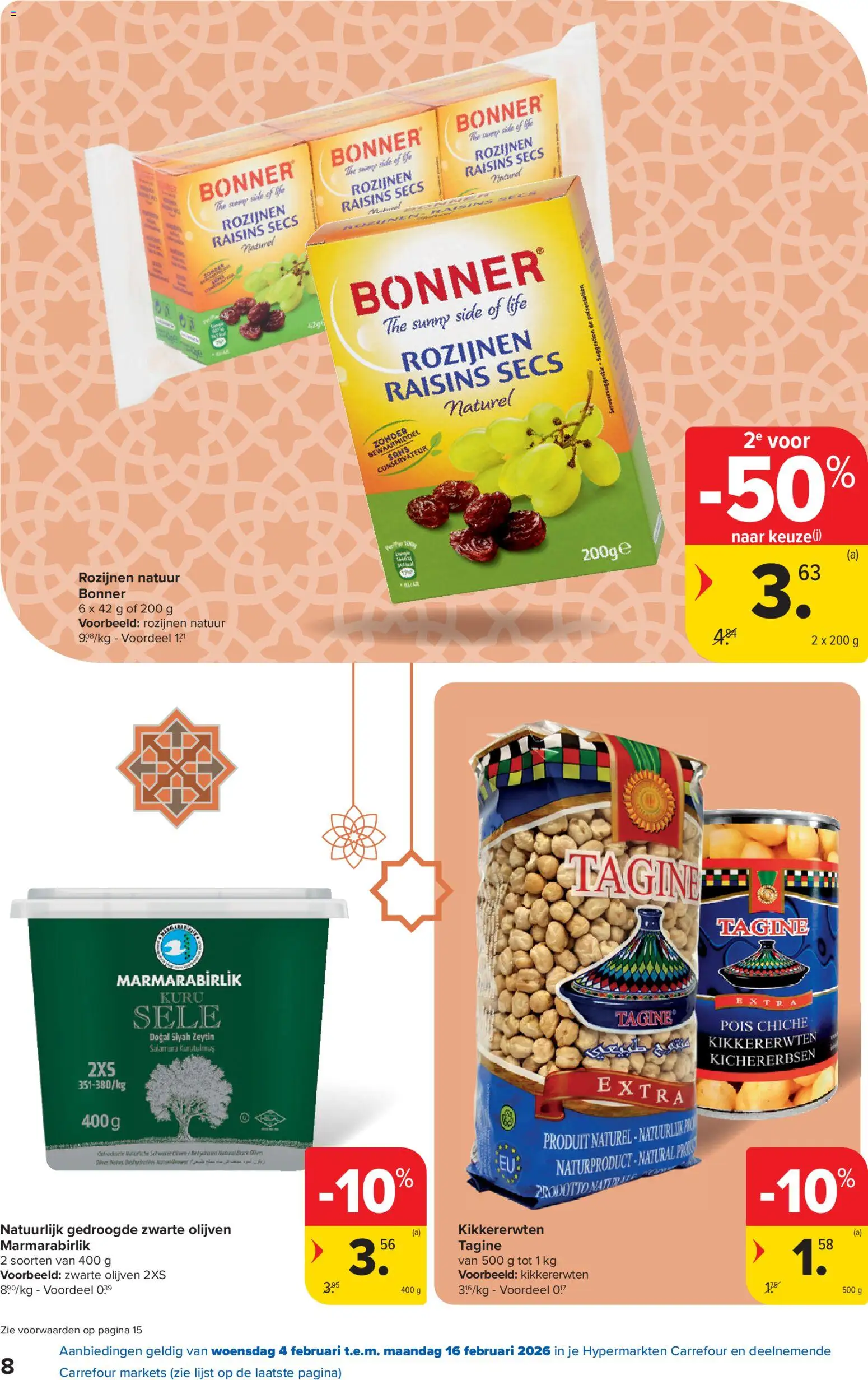 {H1} | Pagina: 8 | Producten: Rozijnen, Kikkererwten, Olijven