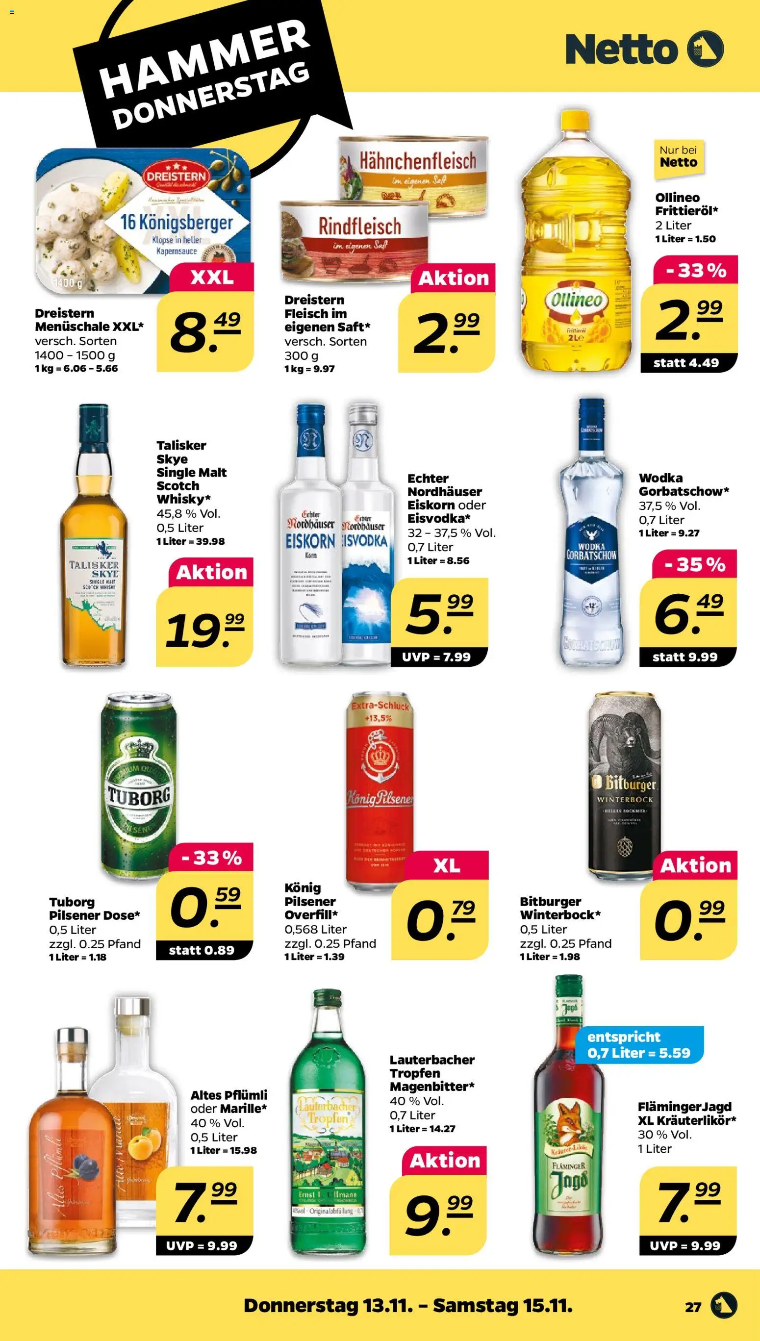 Netto Prospekt 	 – gültig ab 10.11.2025 | Seite: 29 | Produkte: Whisky, Wodka gorbatschow, Saft, Fleisch