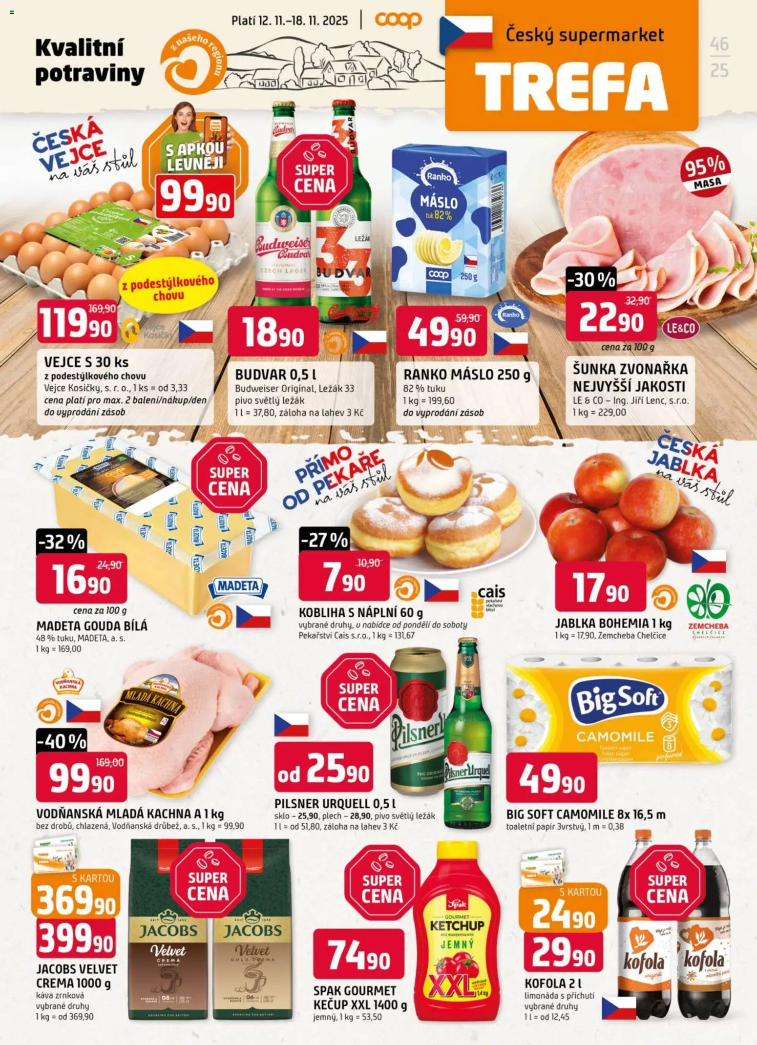 Trefa leták od 12.11.2025 | Strana: 1 | Produkty: Máslo, Toaletní papír, Velvet, Jacobs velvet