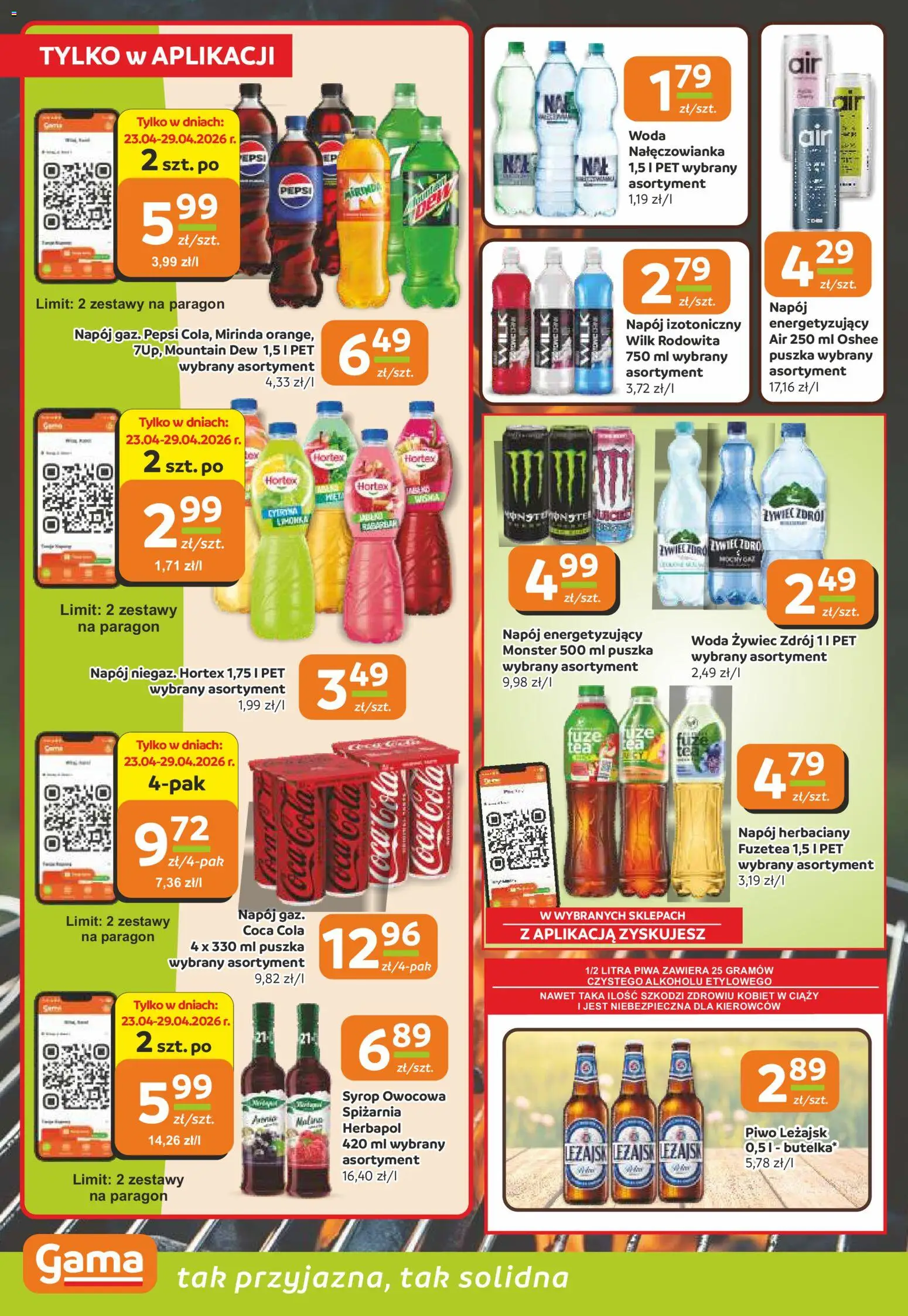 Gama gazetka od 23.04.2026 | Strona: 10 | Produkty: Syrop, Woda żywiec, Coca cola, Piwo