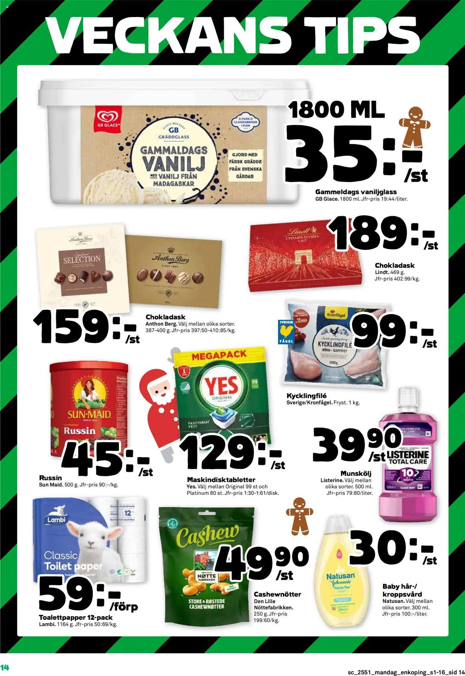 Stora Coop reklamblad aktuell från 15.12.2025 | Sida: 14 | Produkter: Munskölj, Toalettpapper, Kycklingfile, Cashewnötter