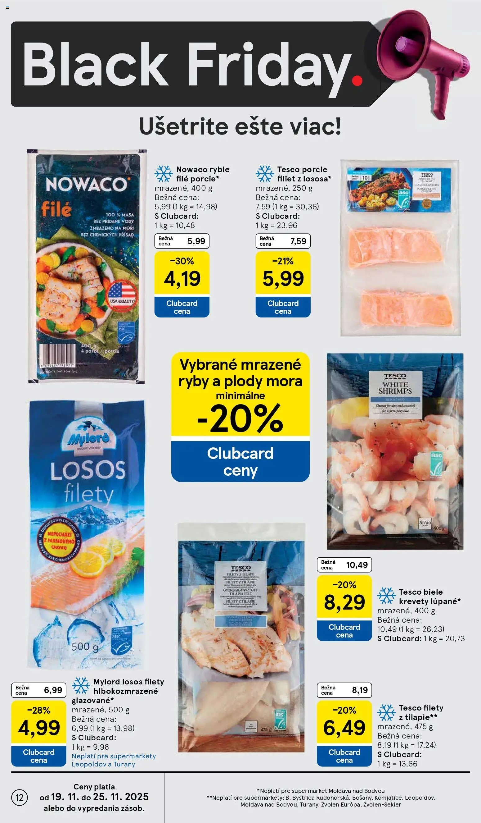 Nové Tesco akcie – leták je platný od 19.11.2025 | Strana: 12 | Produkty: Krevety, Ryby, Losos