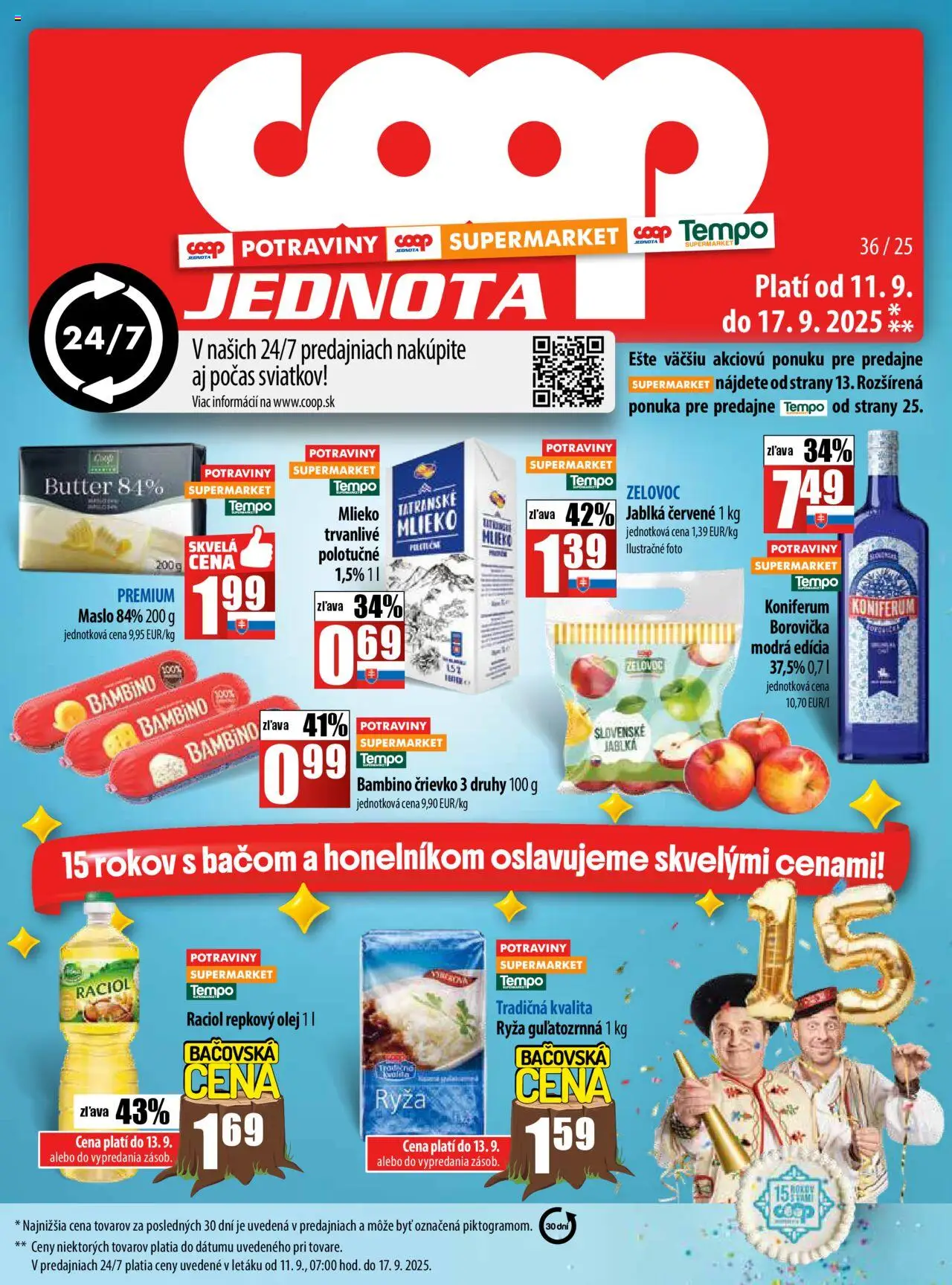 Nové COOP Jednota akcie – leták je platný od 11.09.2025 | Strana: 1 | Produkty: Maslo, Olej, Ryža, Repkový olej