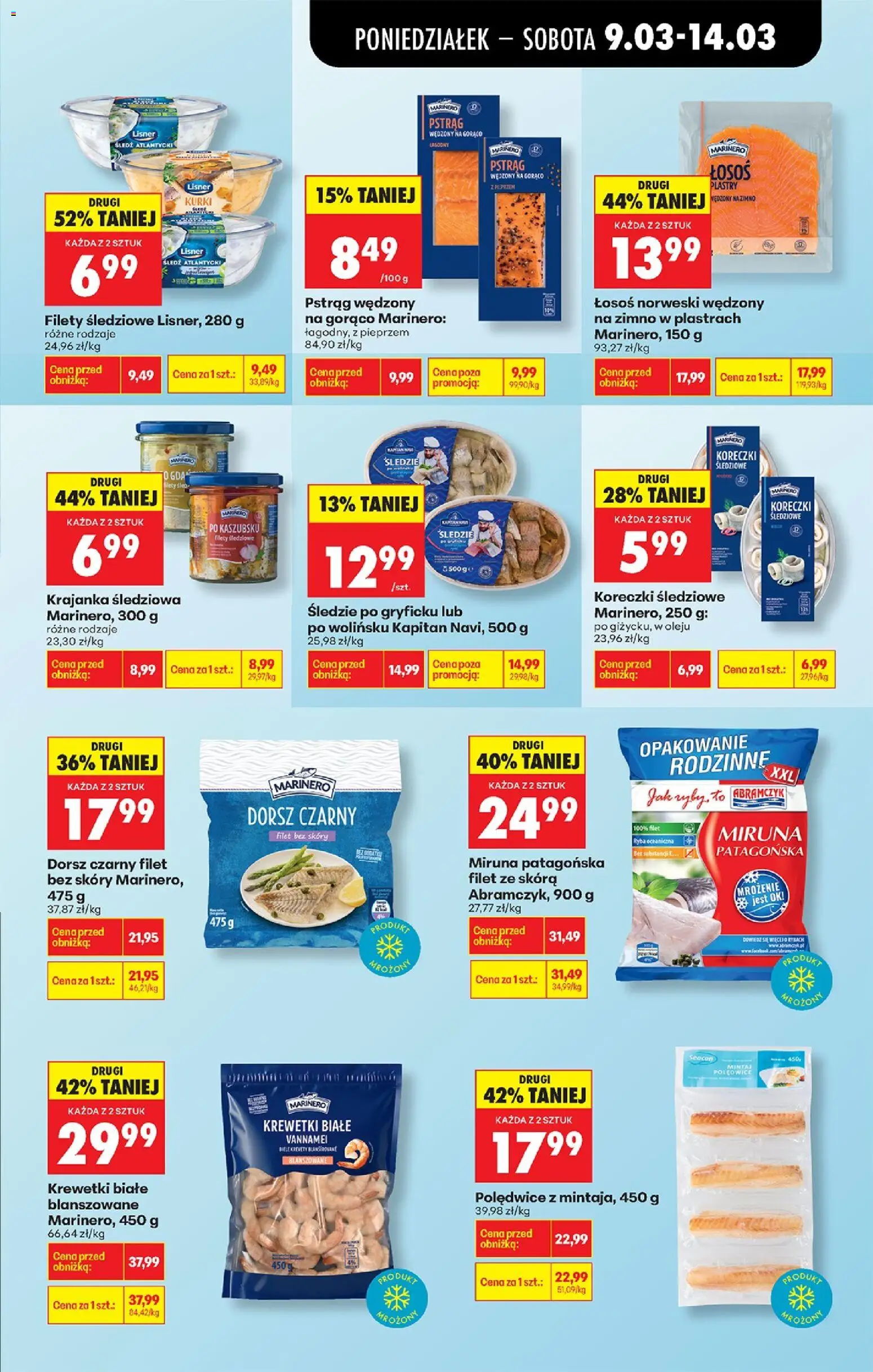 Biedronka gazetka od poniedziałku od 09.03.2026 | Strona: 35 | Produkty: Śledź, Miruna, Łosoś, Pstrąg wędzony