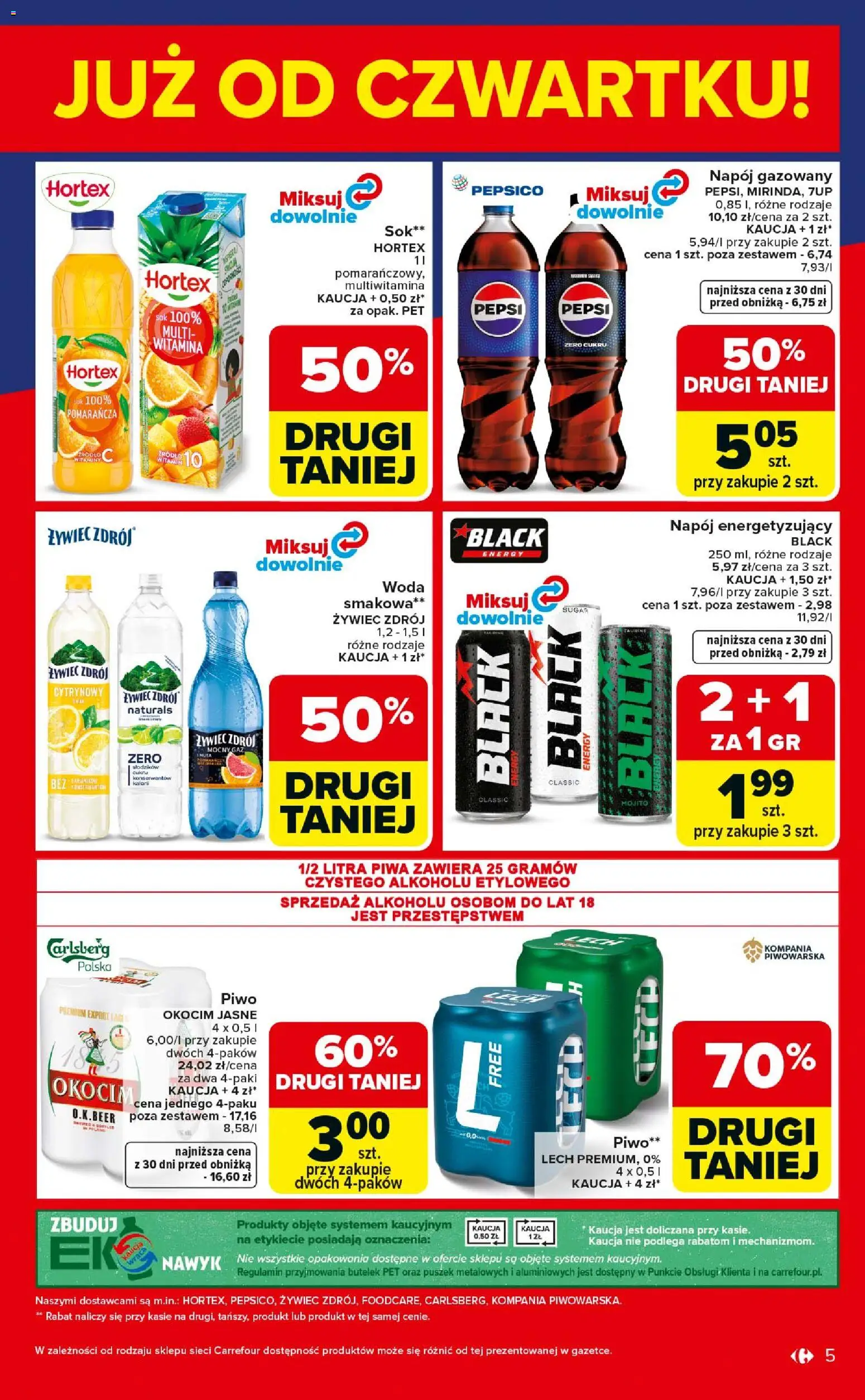 Carrefour gazetka - Weekend okazji od 23.04.2026 | Strona: 5 | Produkty: Pepsi, Sok, Piwo, Woda