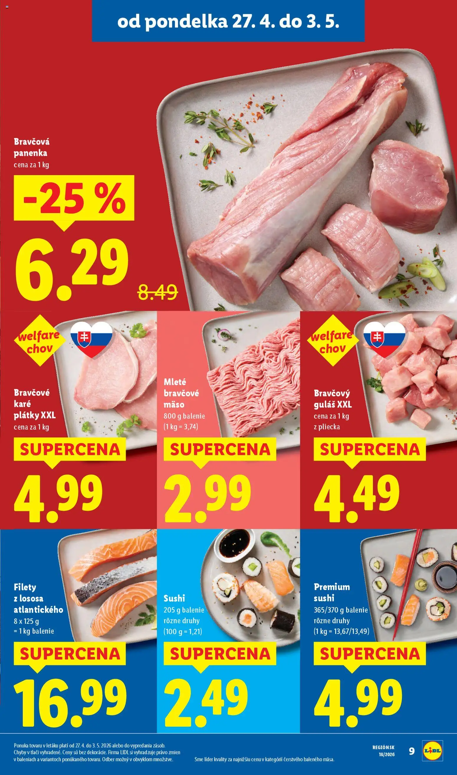 Nové Lidl akcie – leták je platný od 27.04.2026 | Strana: 11 | Produkty: Bravčová panenka, Bravčové mäso, Sushi, Bravčové karé