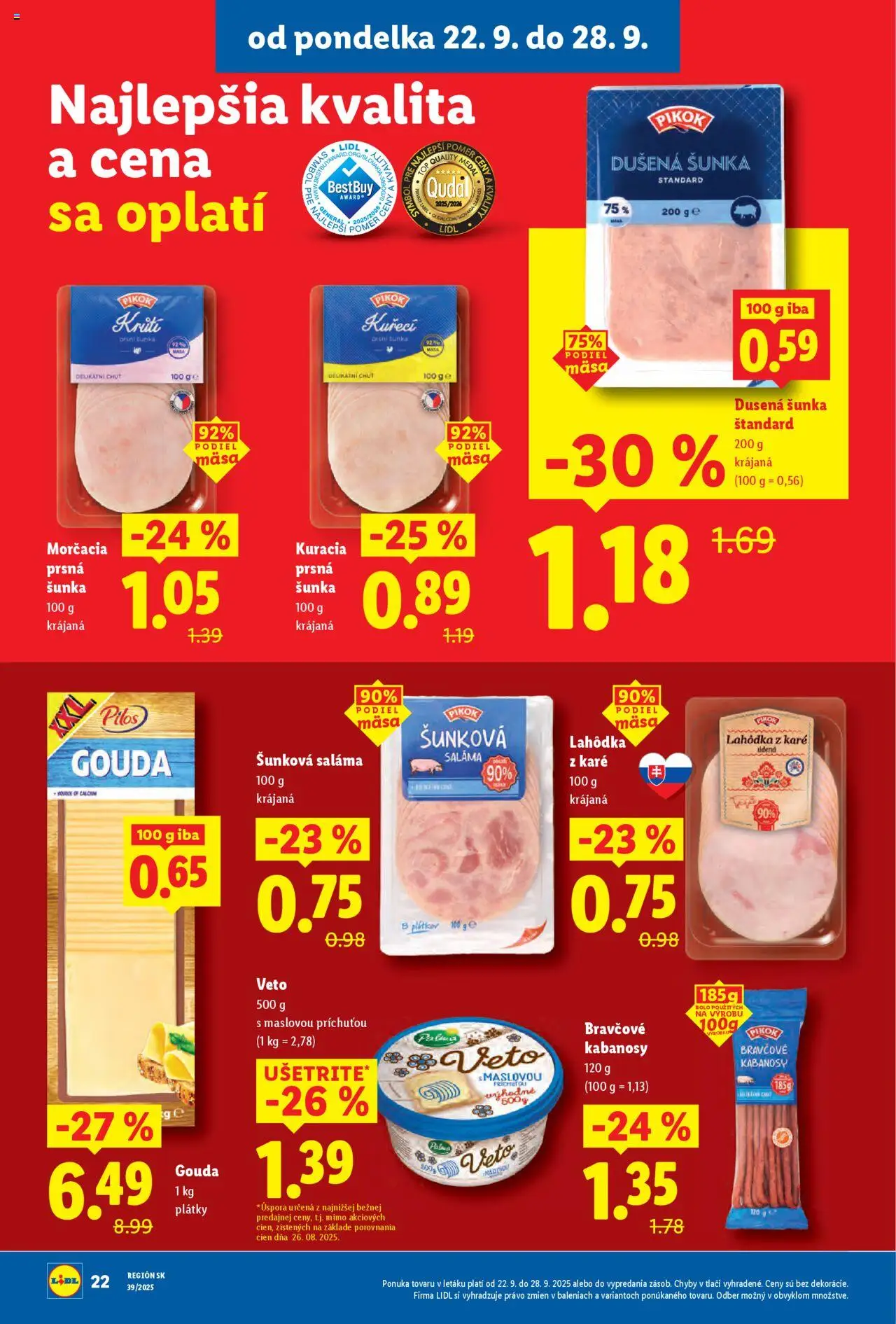 Nové Lidl akcie – leták je platný od 22.09.2025 | Strana: 38 | Produkty: Saláma, Šunka, Gouda