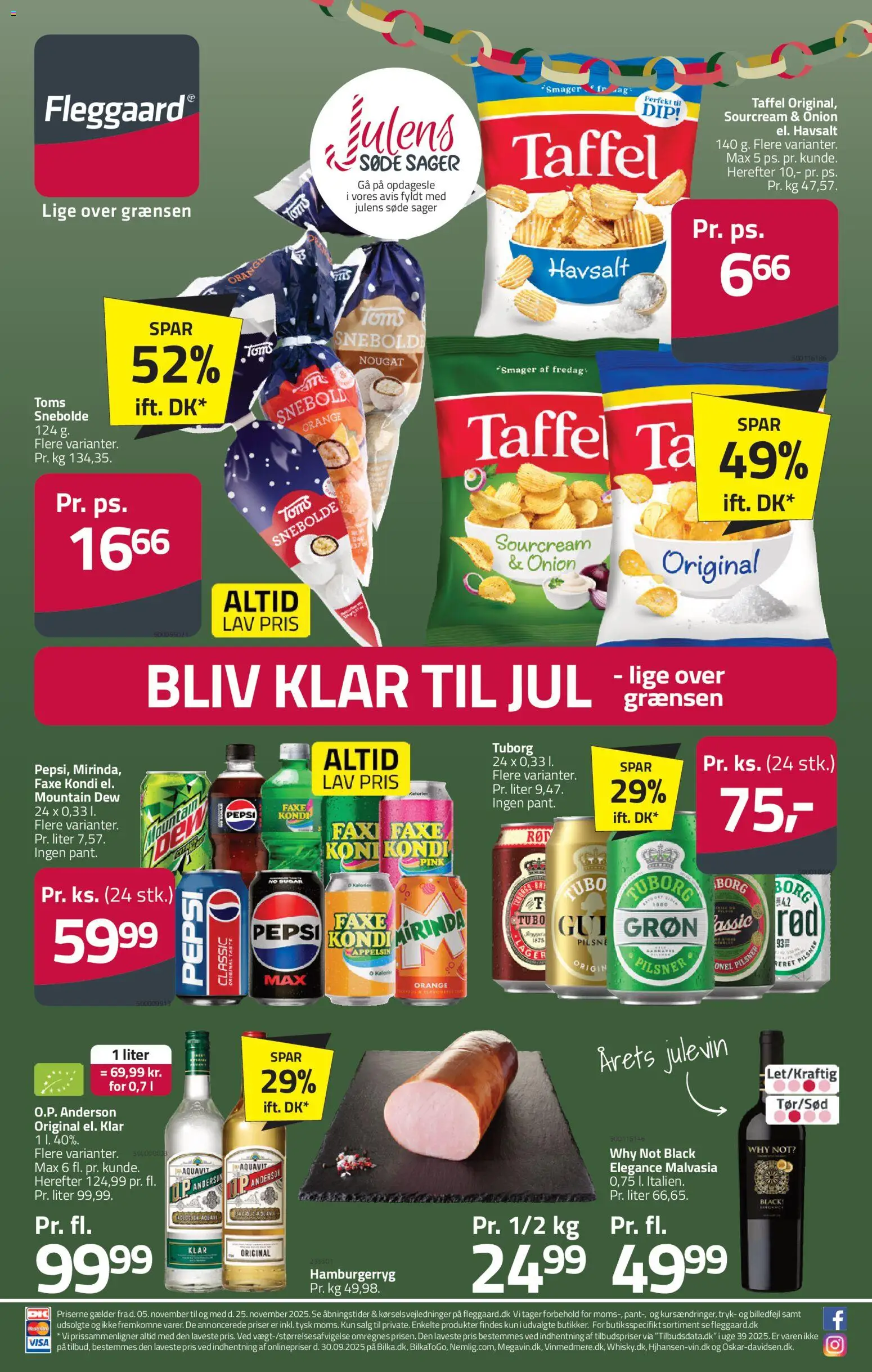 Fleggaard tilbudsavis – gyldig fra 05.11.2025 | Side: 1 | Produkter: Vin, Hamburgerryg, Nougat, Pepsi