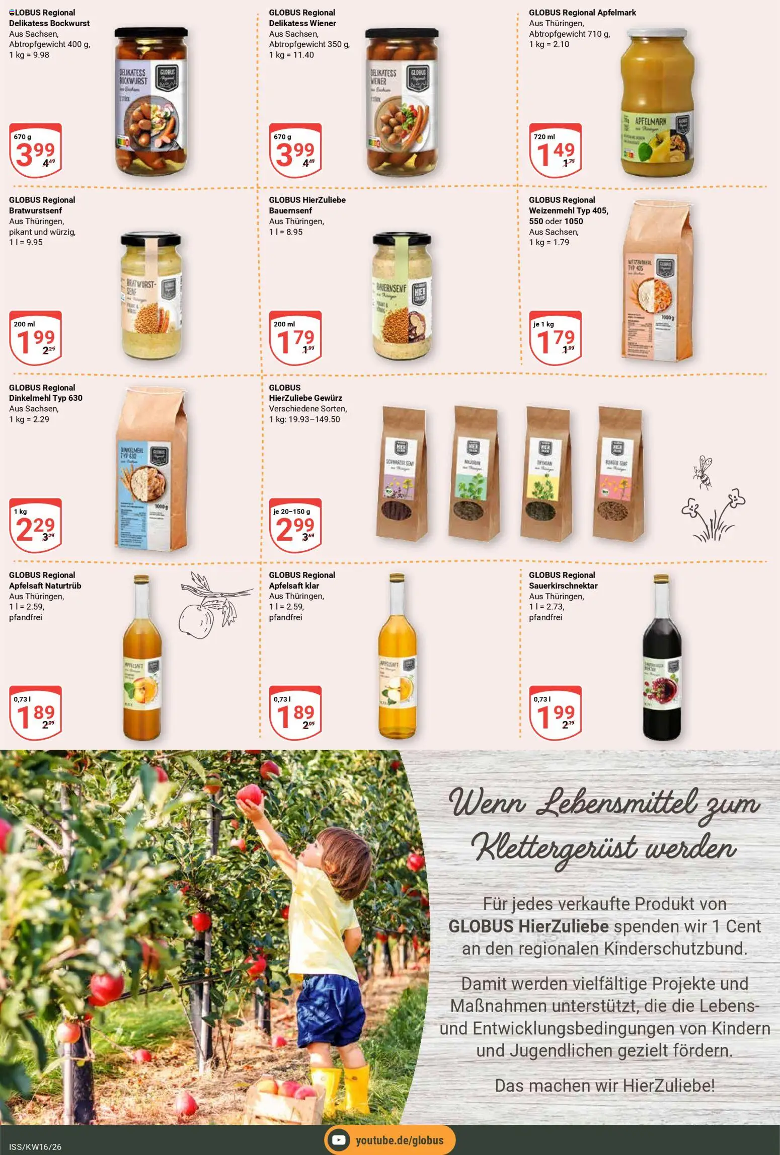 Globus Prospekt 	 – gültig ab 13.04.2026 | Seite: 13 | Produkte: Bockwurst, Bratwurst, Weizenmehl, Apfelsaft