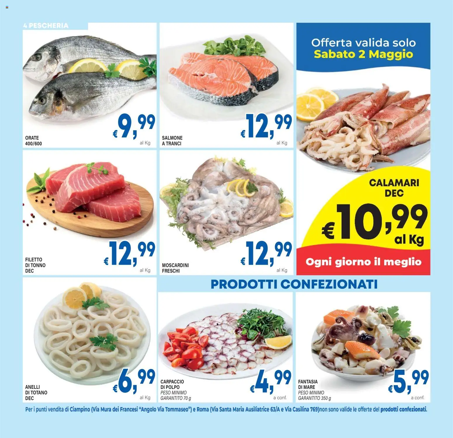Volantino DEM del 29.04.2026 | Pagina: 4 | Prodotti: Salmone, Calamari, Tonno, Totano