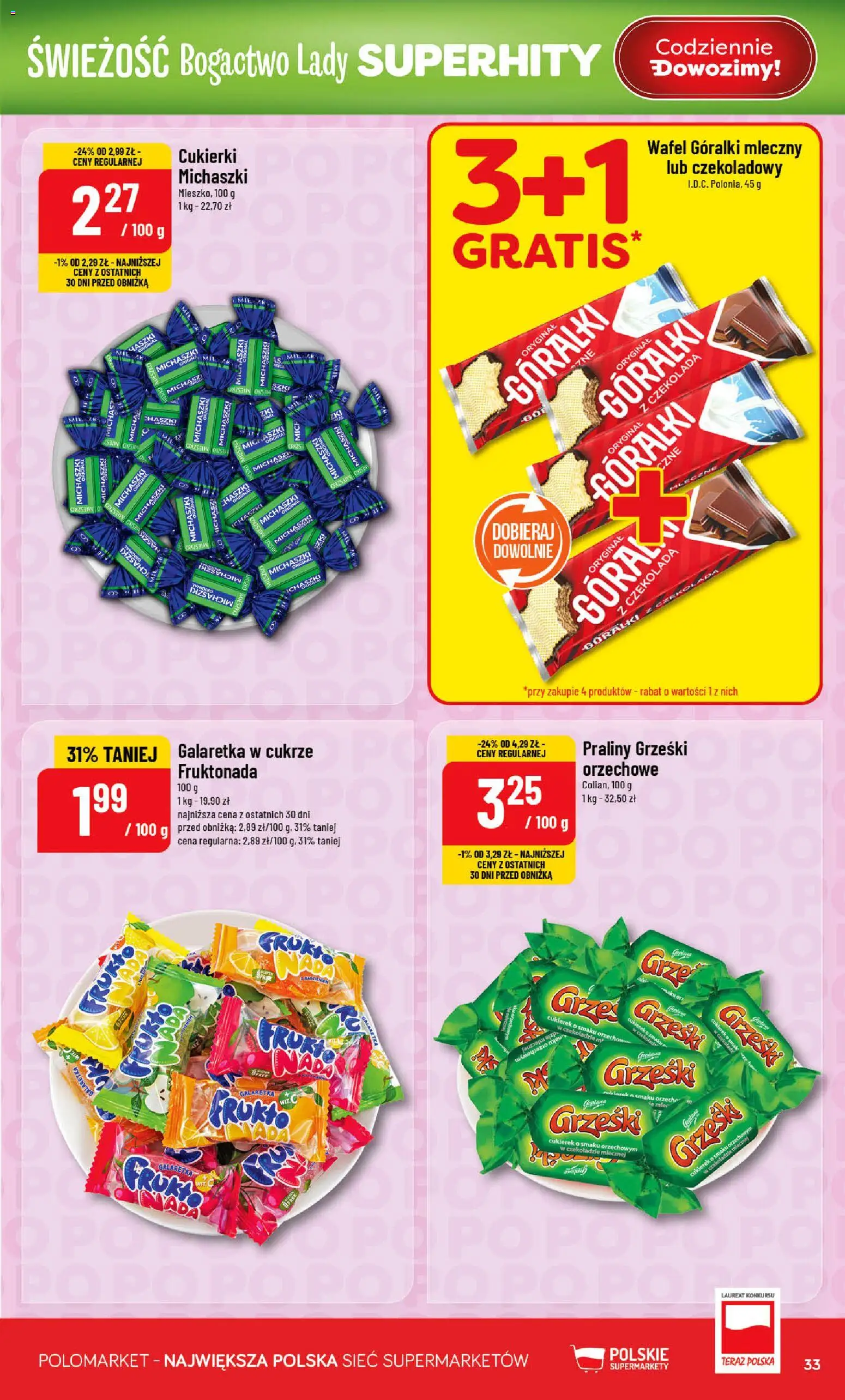 POLOmarket Gazetka od 14.01.2026 | Strona: 33 | Produkty: Galaretka, Praliny, Czekolada, Cukierki