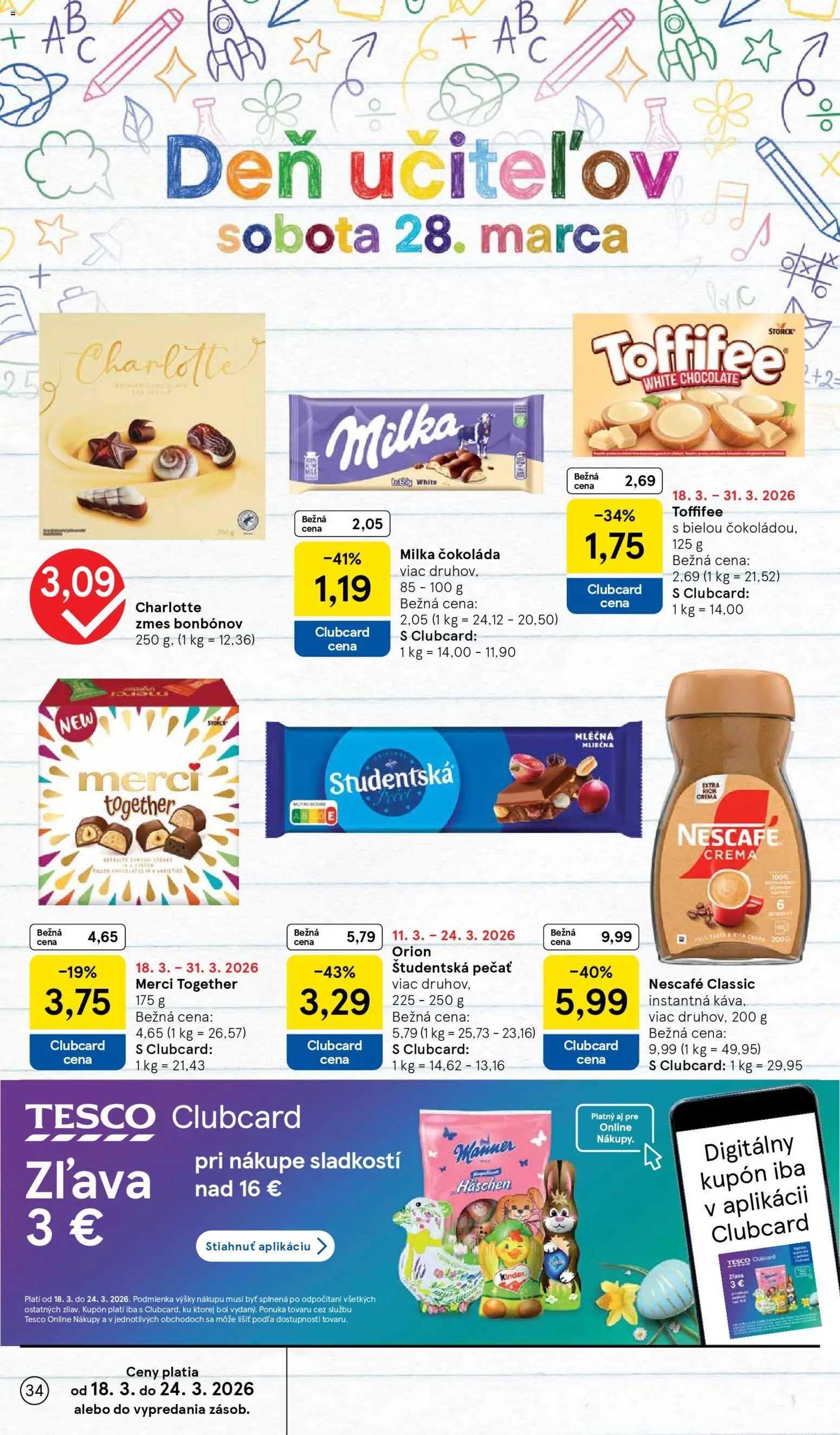 Nové Tesco akcie – leták je platný od 18.03.2026 | Strana: 34 | Produkty: Toffifee, Študentská pečať, Milka, Nescafé Crema