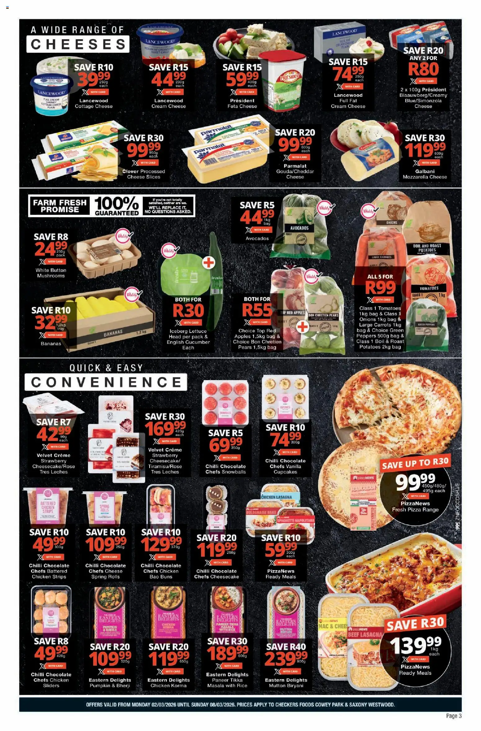 New Checkers catalogue – valid from 02.03.2026 | Page: 3 | Products: Pears, Hat, Pizza, Cream