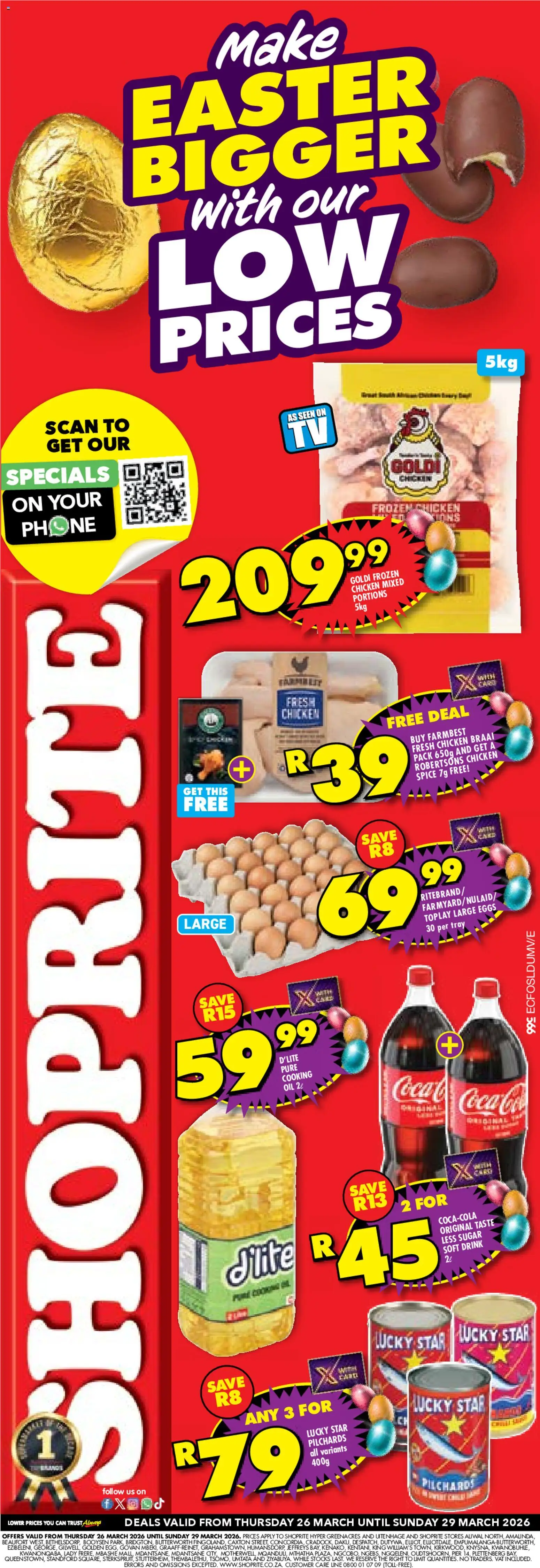 New Shoprite catalogue – valid from 26.03.2026 | Page: 1 | Products: Pilchards, Eggs, Oil, Chicken