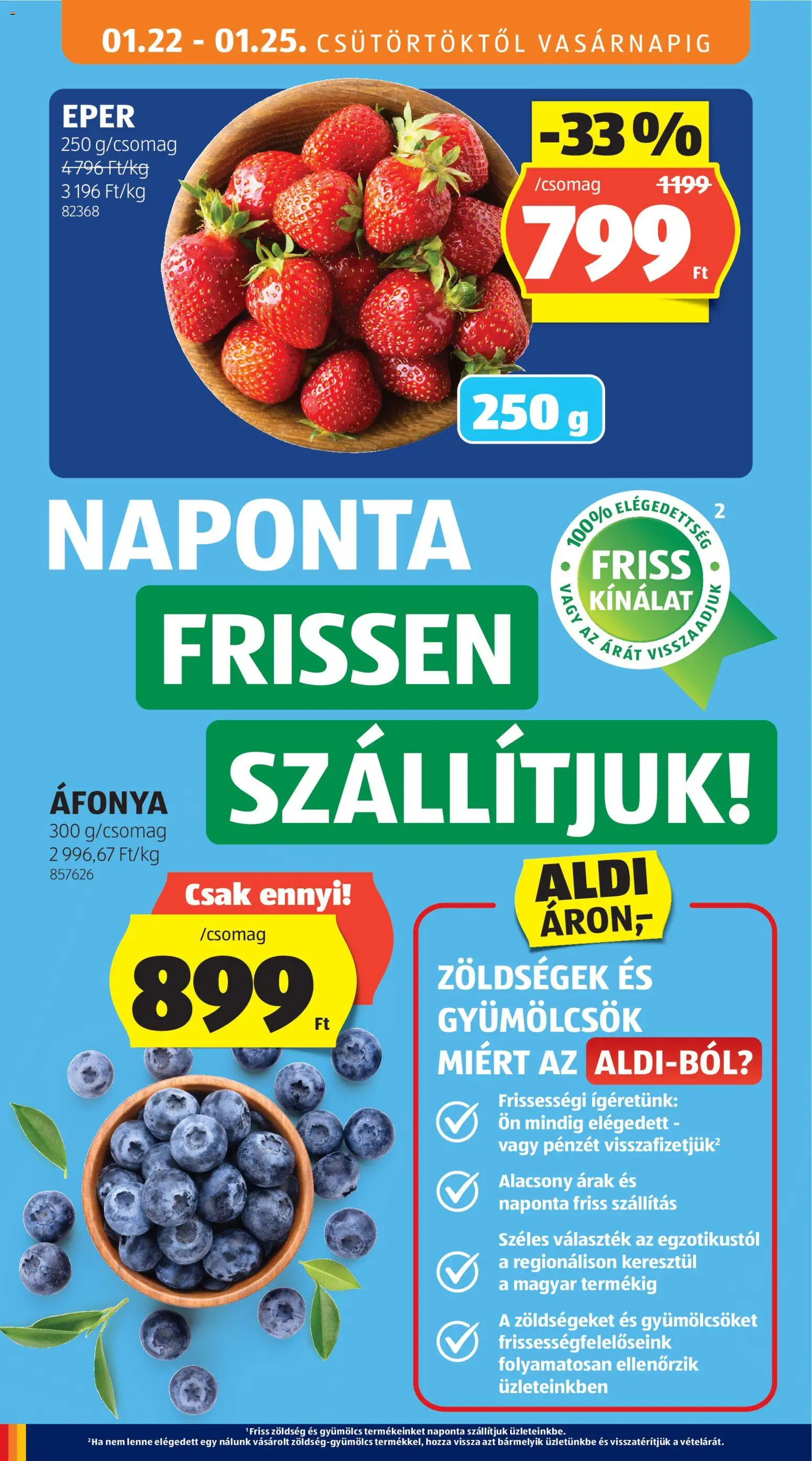 Aldi akciós ujság - amely érvényes a következő dátumtól: 22.01.2026 | Oldal: 14 | Termékek: Áfonya, Gyümölcs, Zöldség, Eper